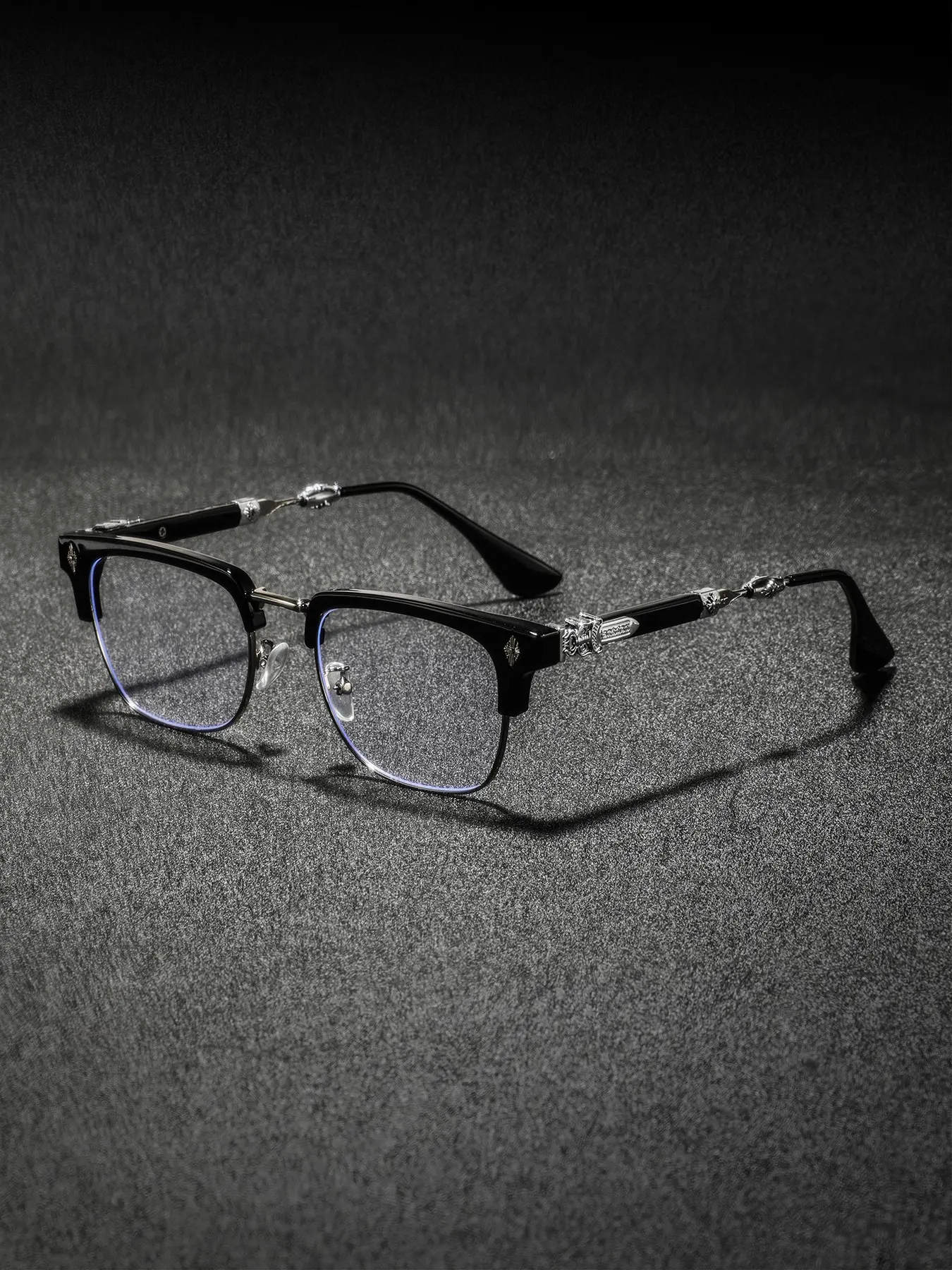 Men's New Metal Half Frame Glasses, High-End Luxury Classic Retro Texture Engraved Eyewear, Business Casual Fashion Plain Light Trendy Vintage Eyeglasses, Fashionable Frames Glasses