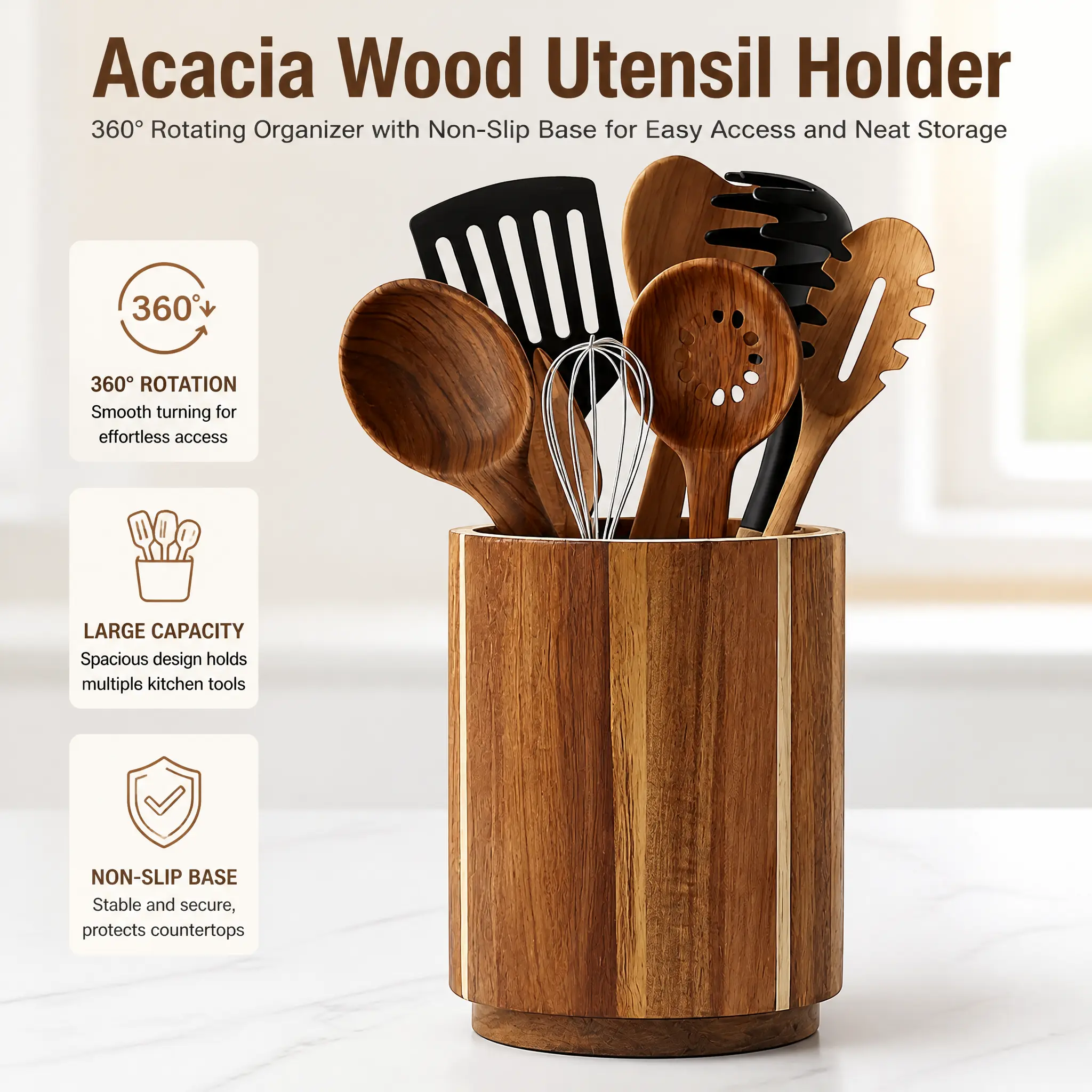Littleox Farmhouse Acacia Wood Utensil Holder - 360° Rotating Large Size Countertop Organizer, Natural Grain, Holds 15+ Items, Kitchen Crock for Spoons, Spatulas, Cooking Tools Near Stove
