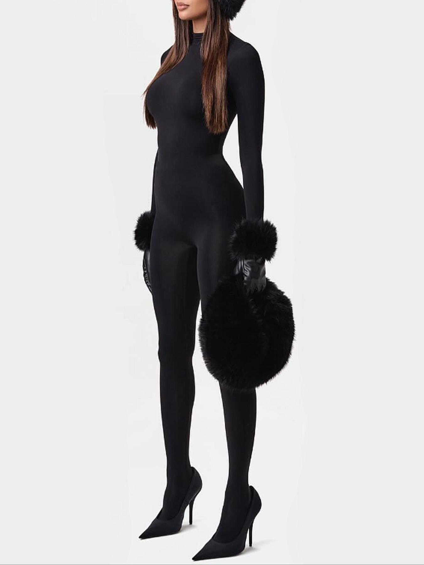 Women's Cute Plush Patchwork Knit Bodysuit, High Neck Warm Skin-Friendly Tight Fit Jumpsuit, Casual Winter Wear, Long Sleeve One-Piece, Womenswear