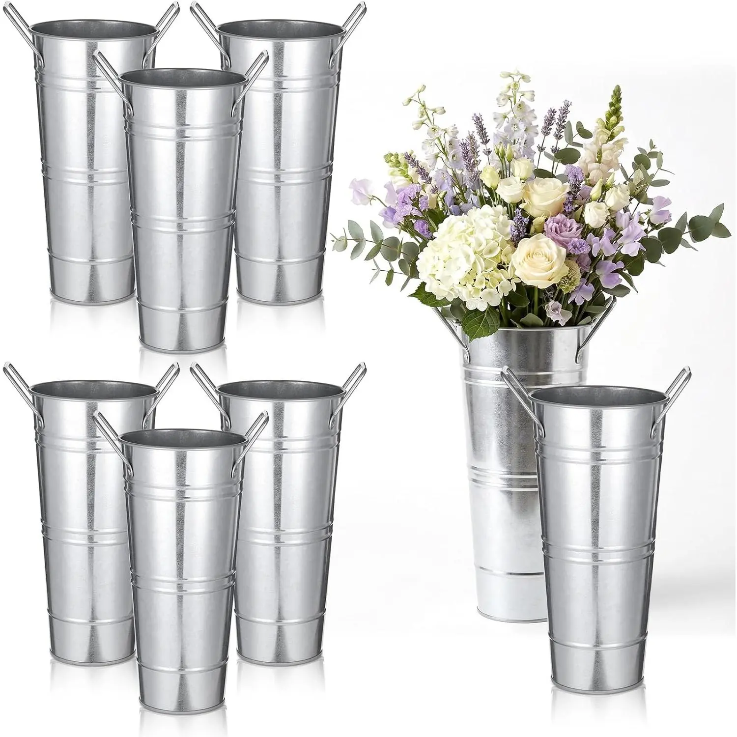 8 Pcs Silver Galvanized Flower Bucket, 9 Inch High Metal Flowers Vases with Handles Vintage French Farmhouse Flower Holder for Cut Flowers, Wedding, Table Centerpiece Decor
