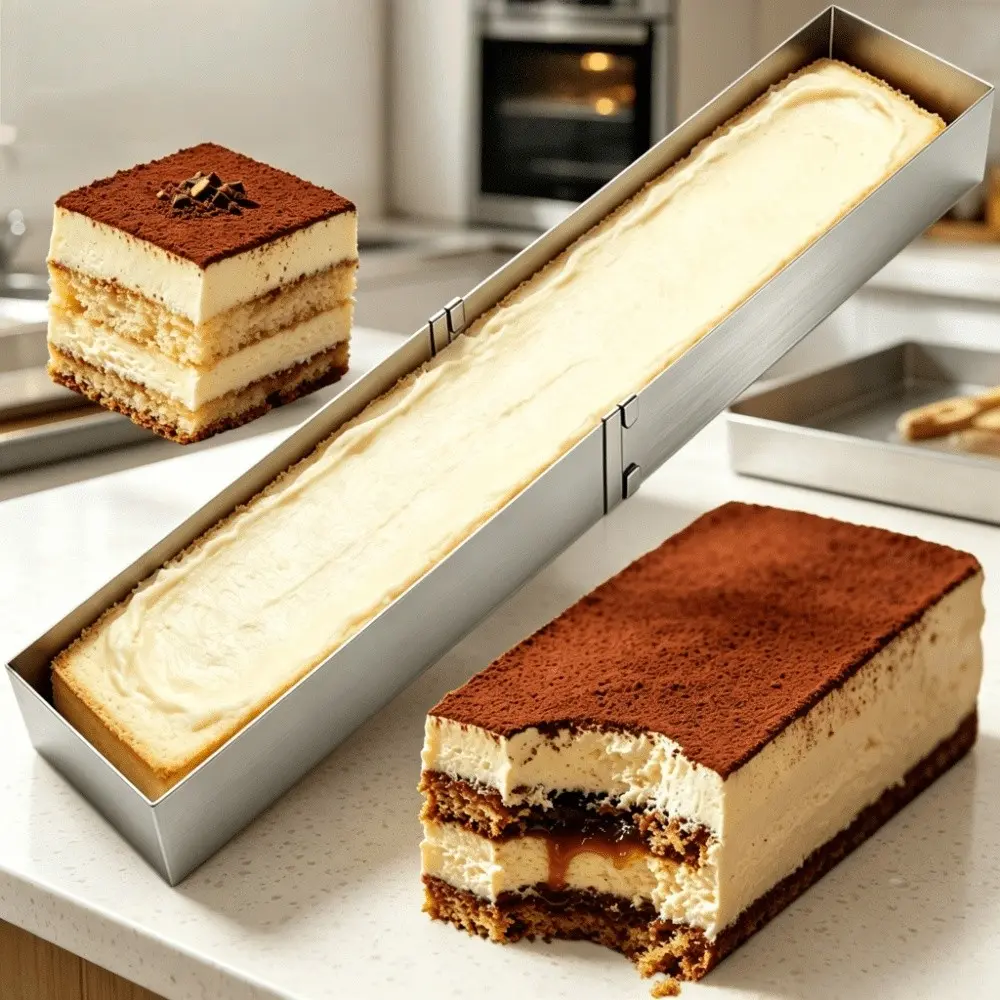 1 stainless steel mousse mold, an adjustable rectangular cake ring for baking tiramisu-style desserts, such as cookies, mousses, and cream-based desserts, Baking Molds