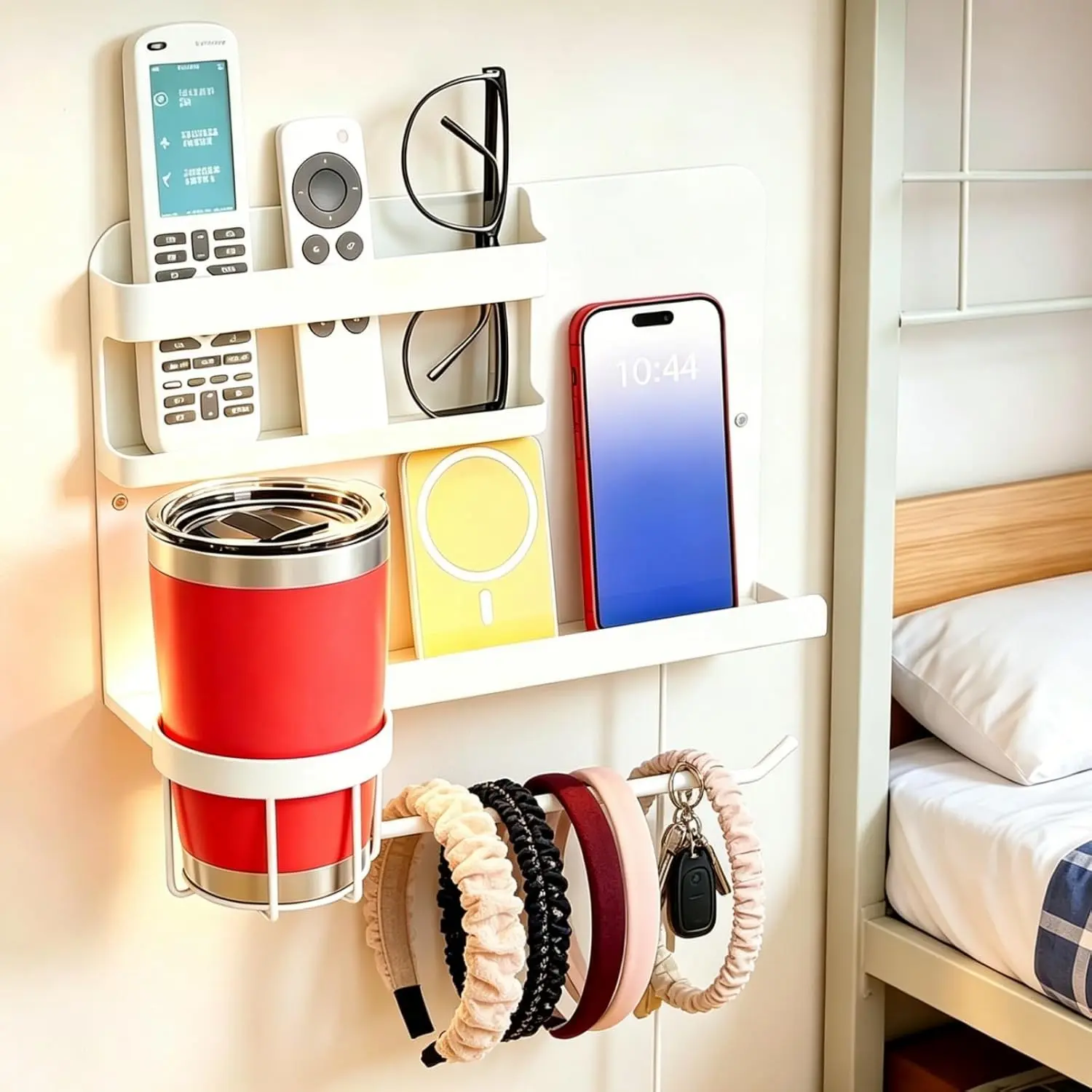 Bedside Wall Organizer, Floating Bedside Shelf Wall Mount for Phone Glasses | Metal Wall Shelf for Bedroom, Adhesive Bedside Organizer for Remote Control, Dorm Room Essentials for College Teen Girls