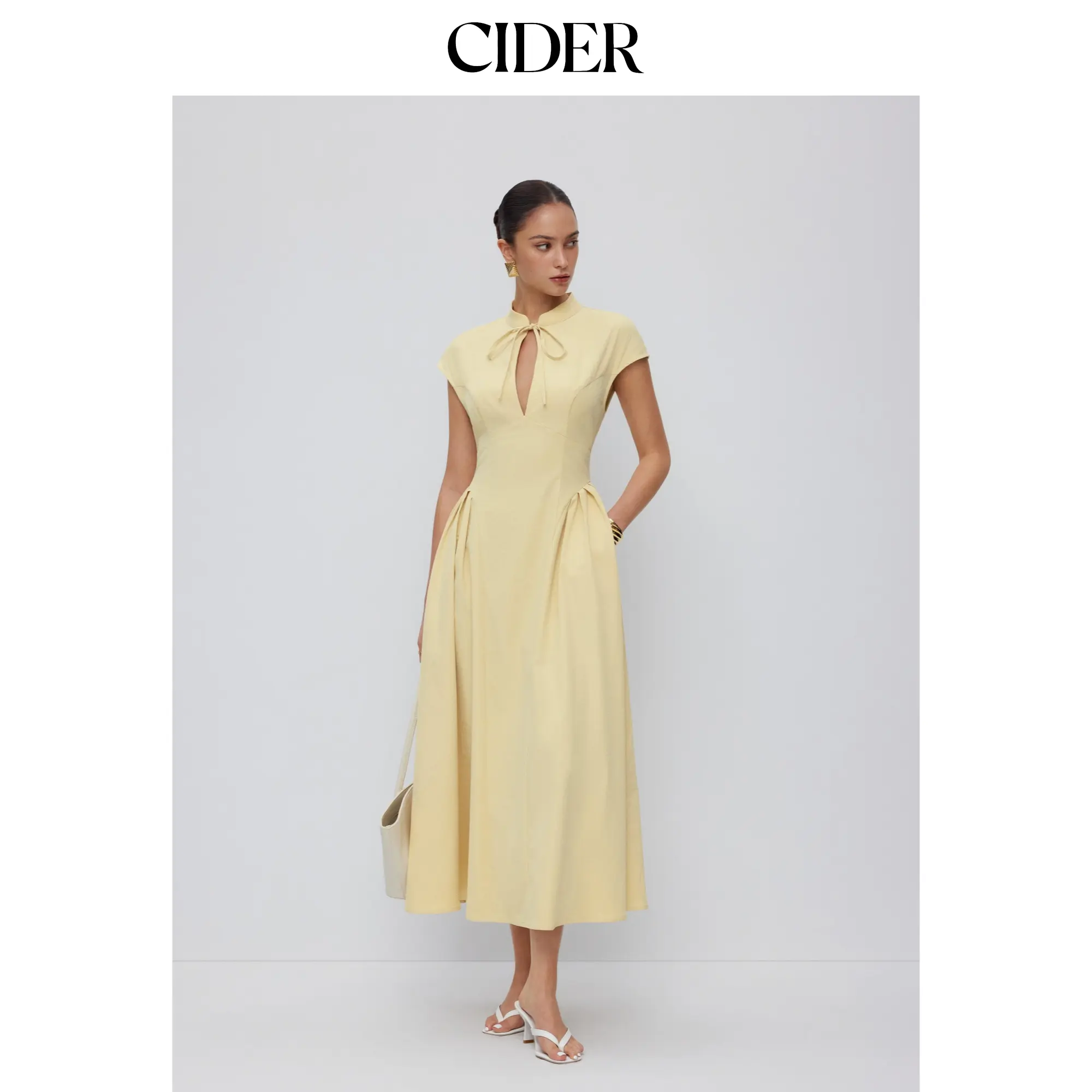 Cider Stand Collar Tie-Neck Short Sleeve Draped Pocket Flared Maxi Dress SohoChic