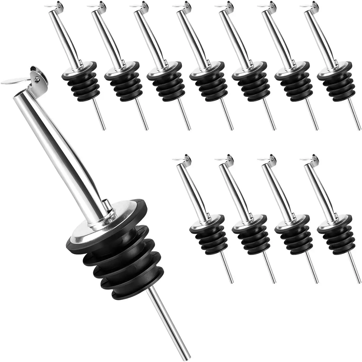 12 Pack Stainless Steel Liquor Pour Spouts with Automatic Dust Caps, Alcohol & Olive Oil Dispenser Pourers, Essential Bar Bartender Accessories