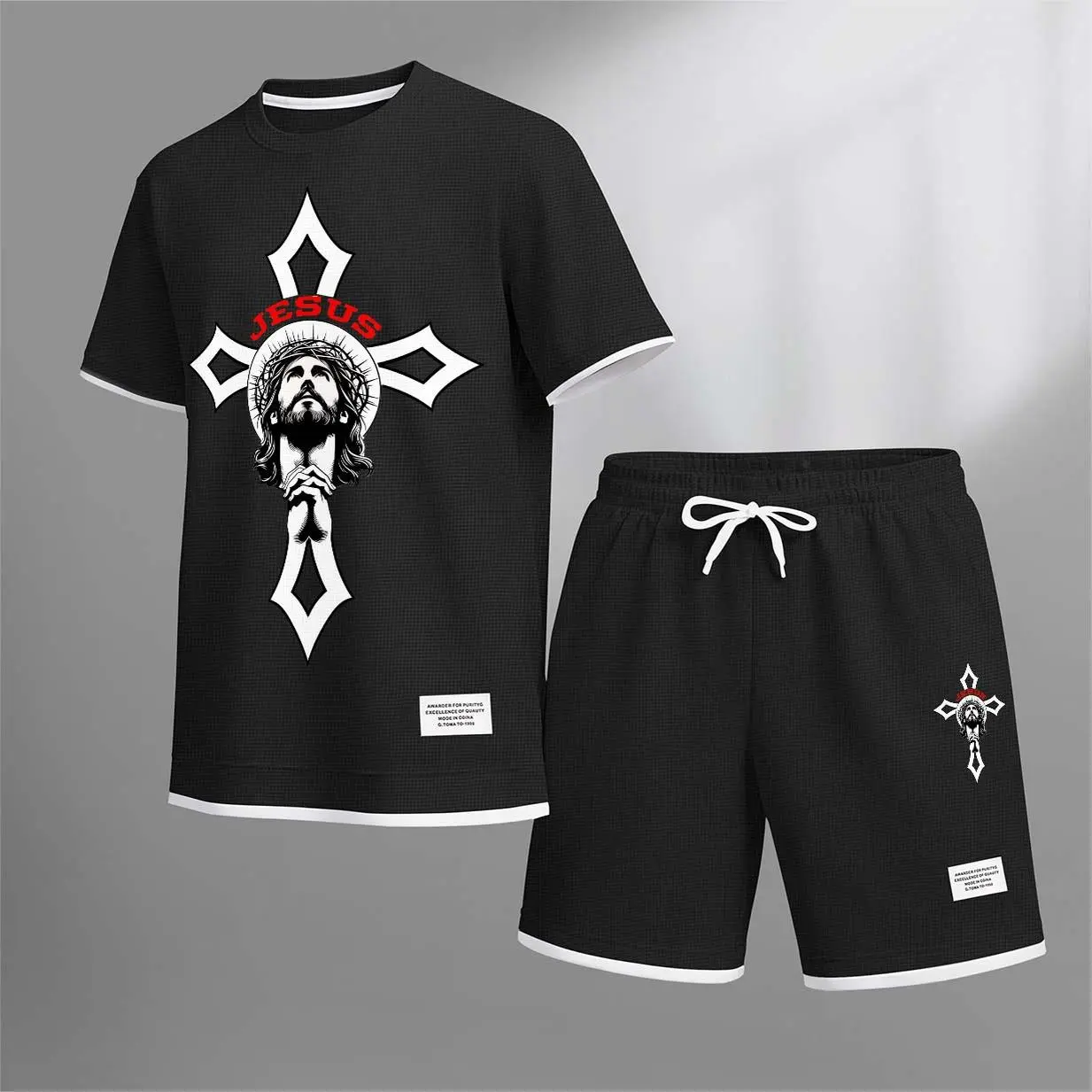 Men’s Jesus Christ (Christianity) Graphic 2-Piece Set, Short Sleeve T-Shirt and Drawstring Shorts, Casual Loose Fit Summer Outfit, Lightweight Breathable Streetwear for Travel, Vacation, Daily Wear and Outdoor Activities