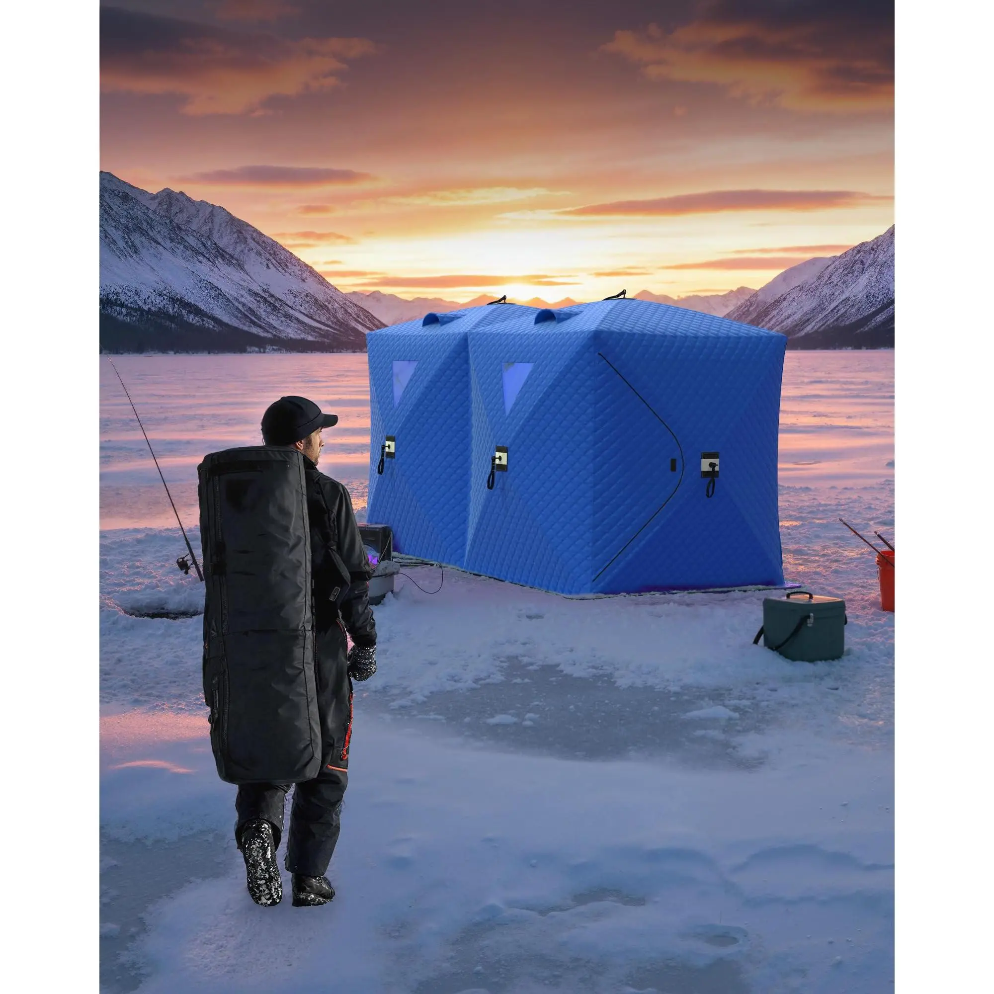 6-8 Person Insulated Pop Up Ice Fishing Tent, Waterproof Windproof Oxford Fabric Portable Hub Shelter, Comes with Anchors, Wind Ropes and Carry Bag
