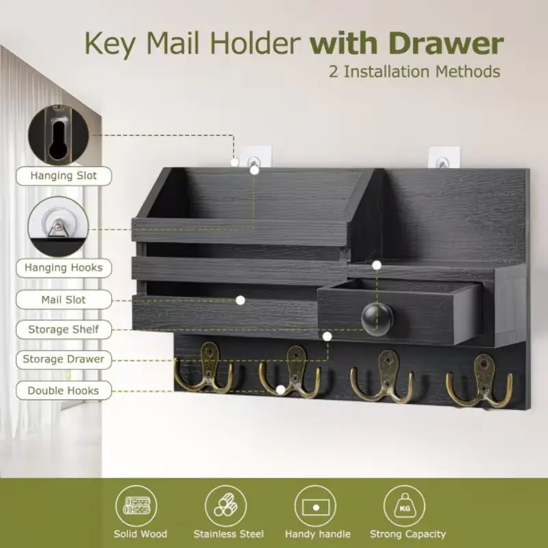 Vintage Wooden Wall Mount Key Holder with Drawer & Mail Slot, 8 Hooks Organizer for Mail Wallet Sunglasses, Housewarming Gift for Entryway Kitchen Garage Office, Installation