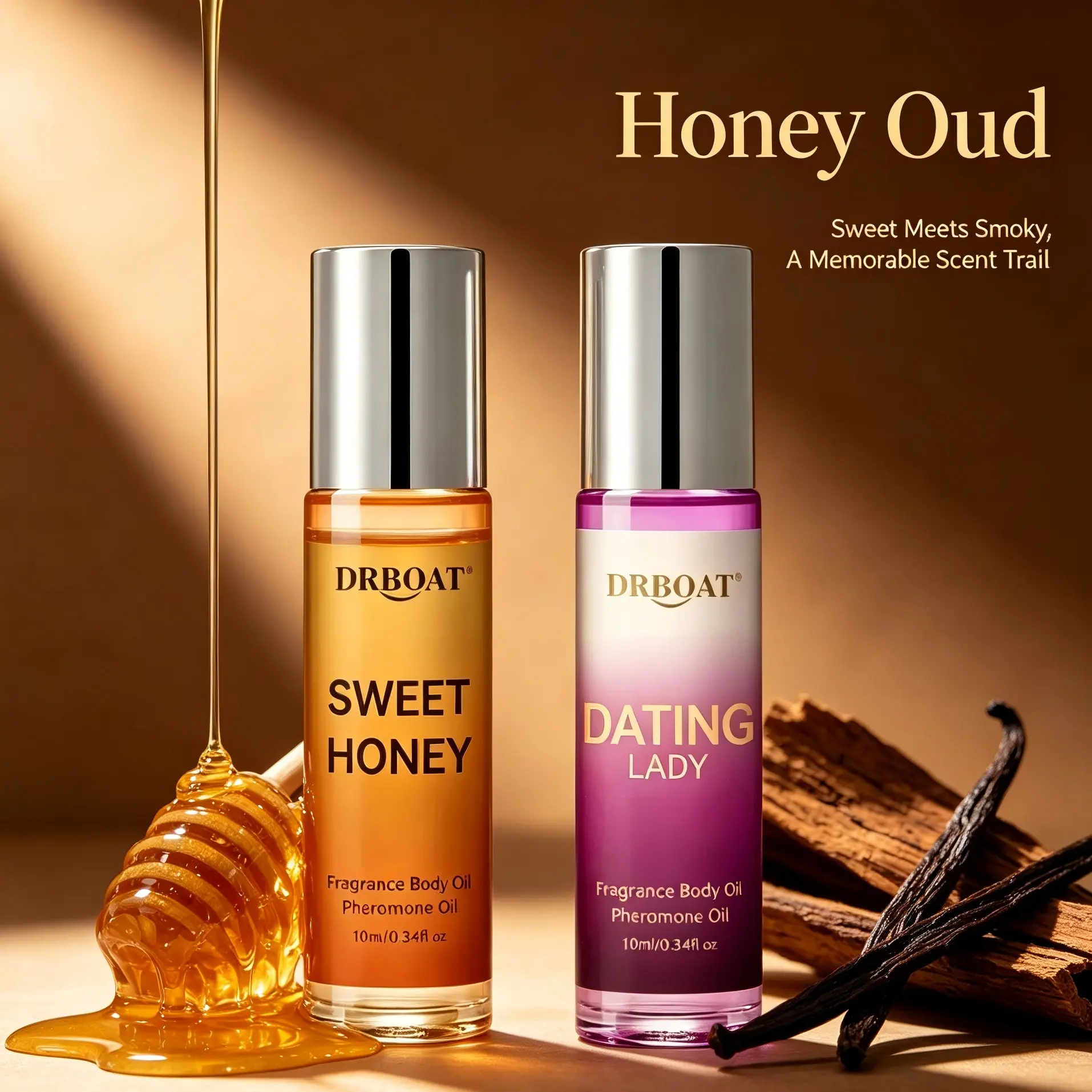 Honey & Date Double Perfume Oil - Sweet OUD and Roll On Subtle Perfume Pheromone Oil, Honey Oud & Date | Romantic Everyday Scent | Enchanting Fragrance | Long-Lasting | Vegan & Cruelty-Free(2/4Pcs)