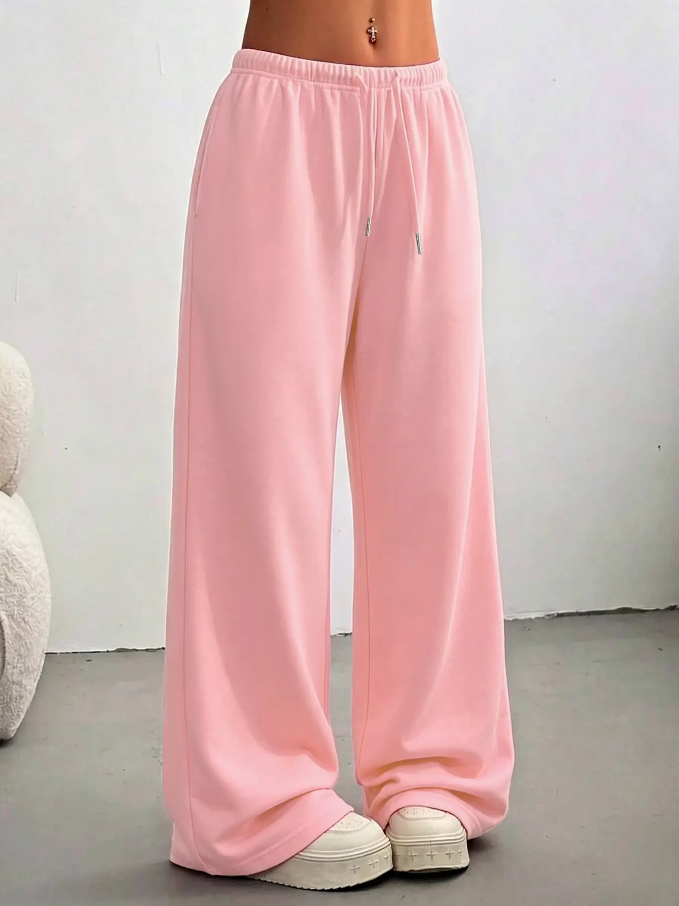 Women's Solid Color Minimalist Wide Leg Pants, Loose Fit Long Trousers, Lightweight Casual Ankle-Length Adjustable Drawstring Waist
