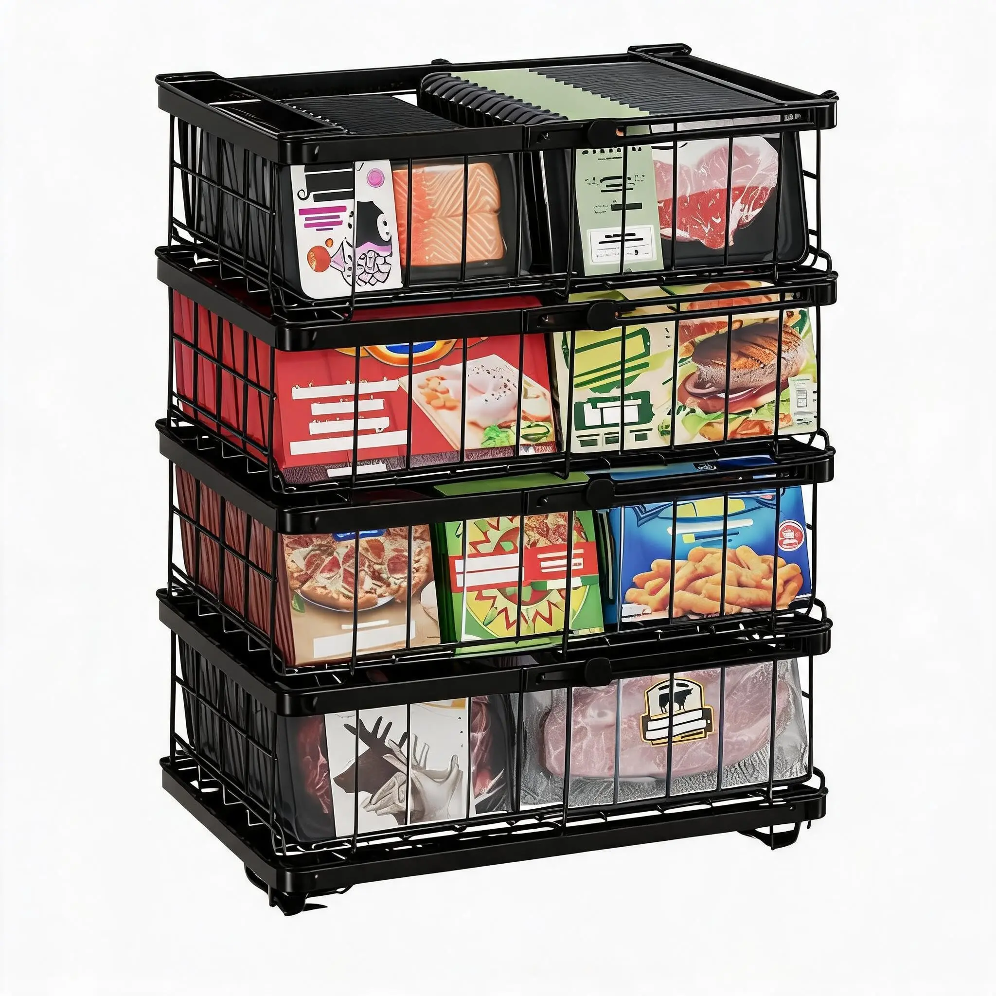 2/4 pcs  Expandable Chest Freezer Baskets, Stackable Metal Wire Storage Bins with Collapsible Handles, Large Capacity Organizer for 283L-566L Freezers, Bulk Frozen Food & Pantry Storage