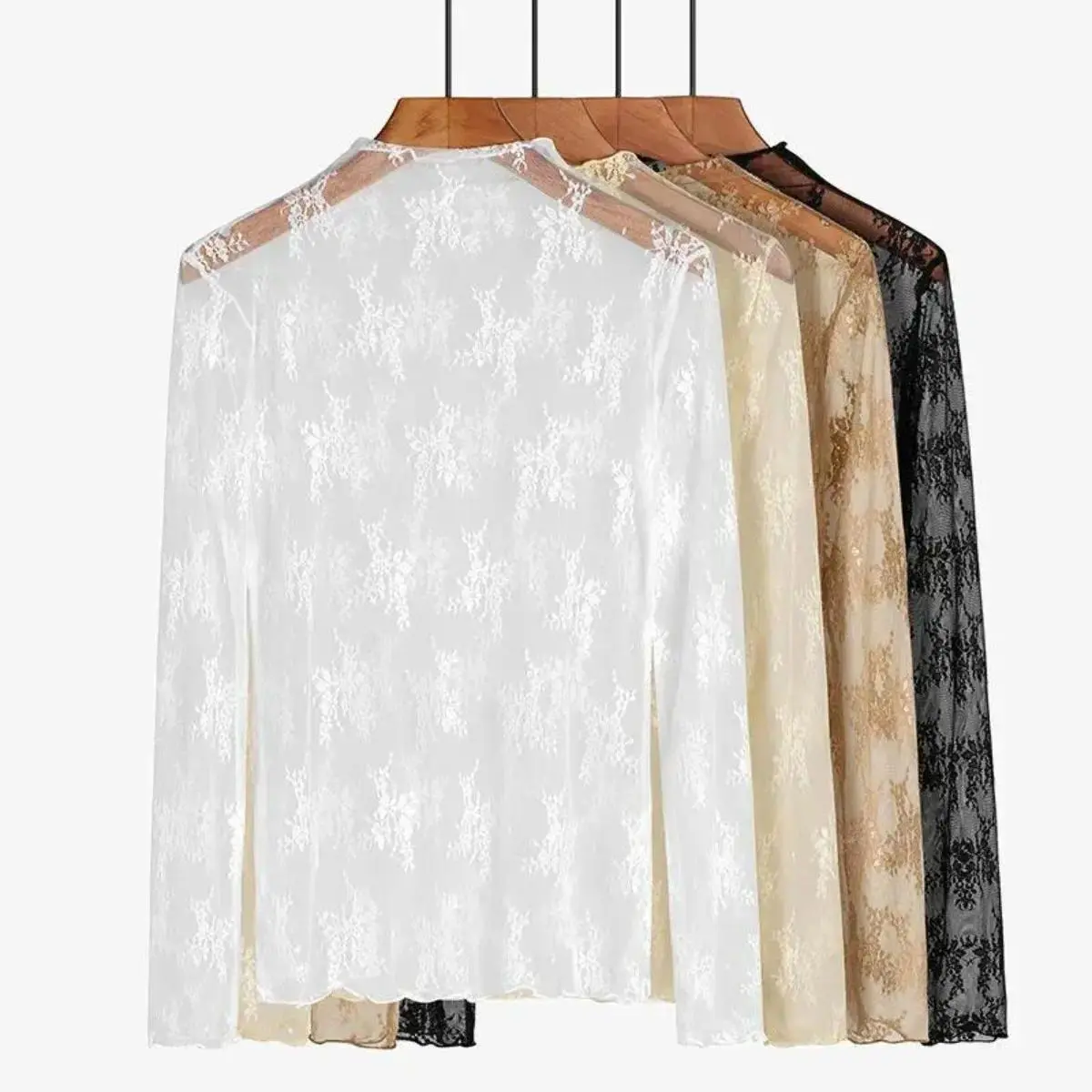 Women's 3-Pack Dressy Lace Blouses, Chic Floral Mesh Mock Neck Tops with Full Sleeves, Slim Fit (Black, White, Coffee), Longsleeves, Elegant, Fashion, 3Pcs(Black+White+Coffee), Long Sleeve, Dress Blouse