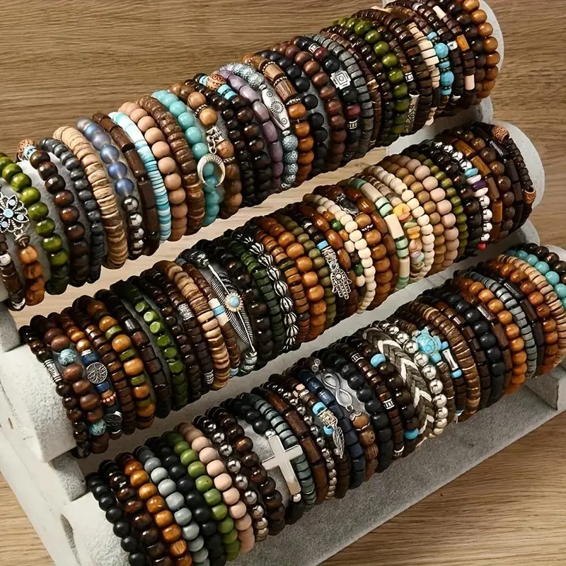 72-Piece Boho Wooden Bead Bracelet Set, Handcrafted Stackable Stretch Design for Couples, Anniversary Jewelry Gift, Bracelets