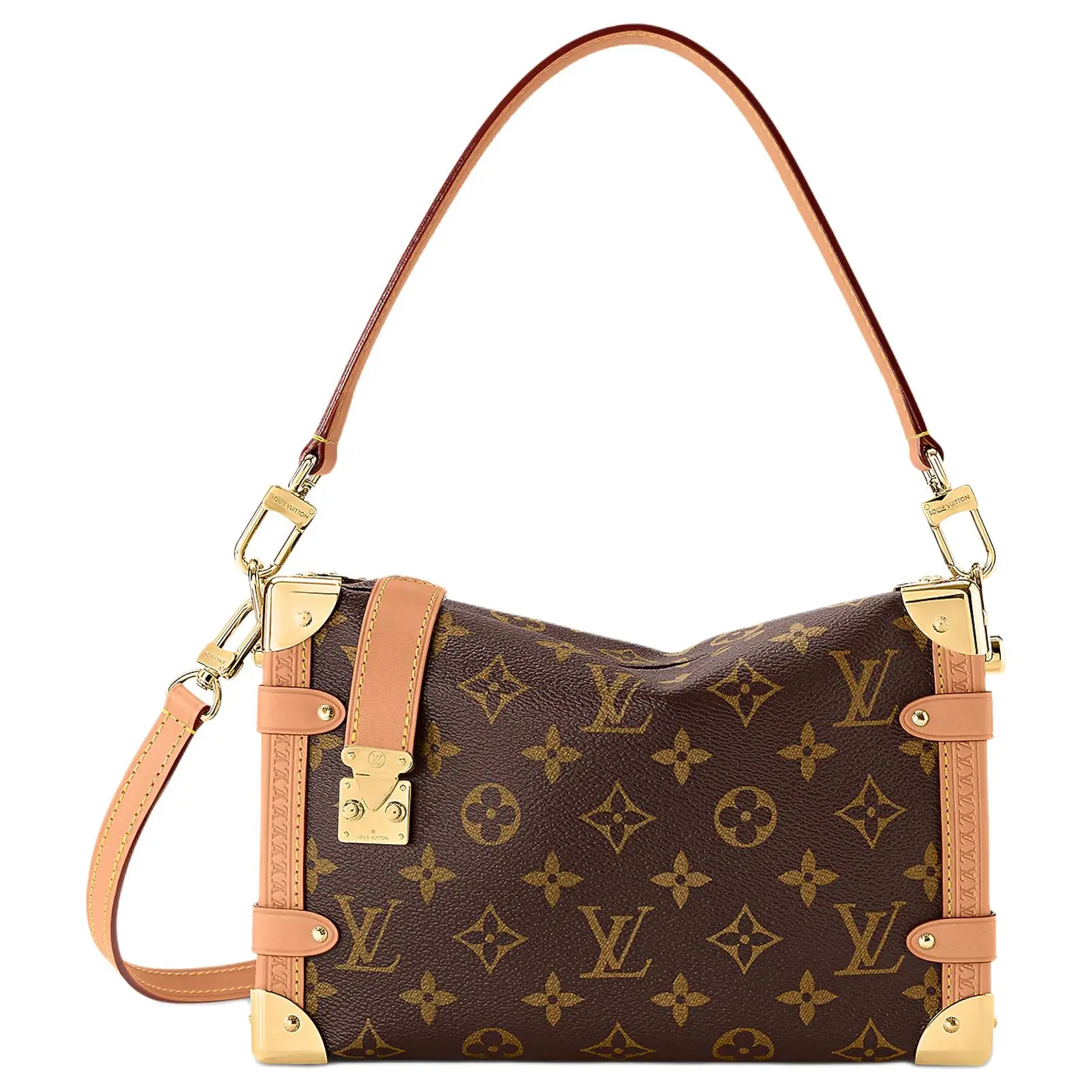 Louis Vuitton Side Trunk Handbag for Women – Removable Adjustable Strap, Monogram Canvas with Leather Trim, Soft Box Style, Brown