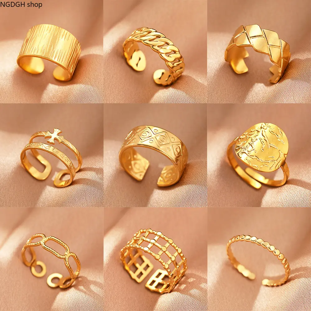 Women's Adjustable Chunky Gold Wave Open Cuff Ring - Trendy Minimalist Statement Jewelry for Daily Wear, Waves