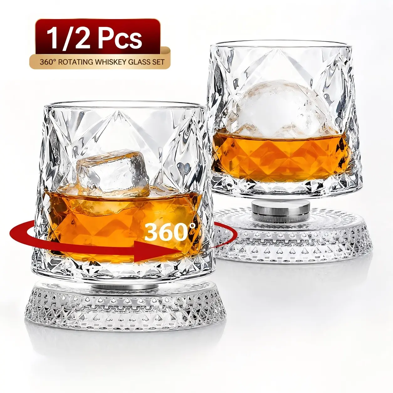 Rotating Whiskey Glass, 360°Crystal Bourbon Glass with Heavy Base, Unique Halloween Gift for Men, Premium Scotch Whiskey Cup, Tumblers for Home Bar & Parties