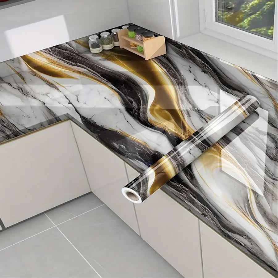 Gold Marble Pattern Self-Adhesive Wallpaper, Marble Wallpaper Peel And Stick, Oil-Resistant PVC Wall Paper, Home Decor Background Wall, Trendy Interior Material