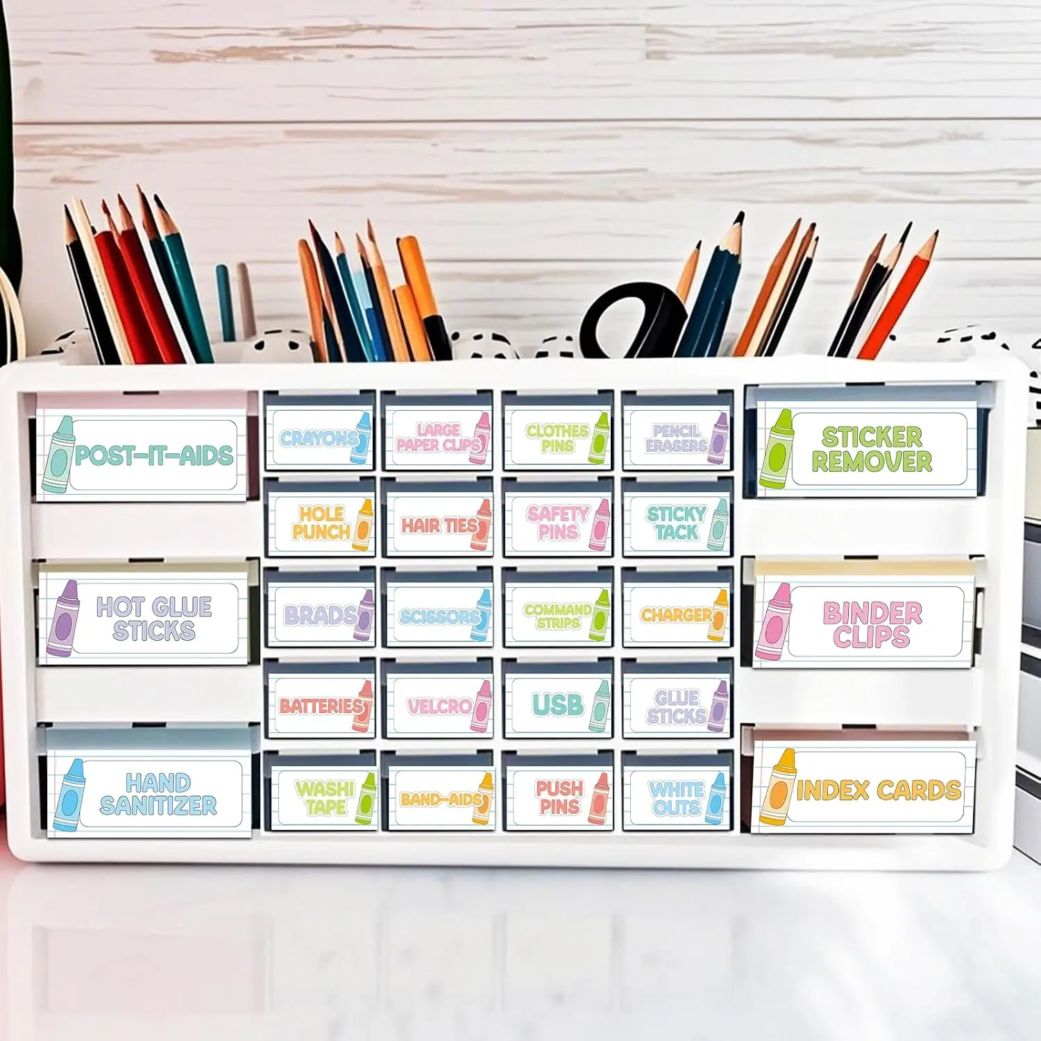 54 count Classroom Toolbox Labels Classroom Decoration Self-Adhesive Crayon Toolbox Sticker Pastel Tool Box Storage Decal Colorful Crayon Organizer Container Decor for  to School Teacher Supplies