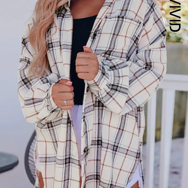 Women's Plaid Print Button Front Collared Blouse Long Sleeve Casual Pocket Drop Shoulder Top for Spring & Fall, Casual Fall Fashion, Ladies Clothes for Daily Wear