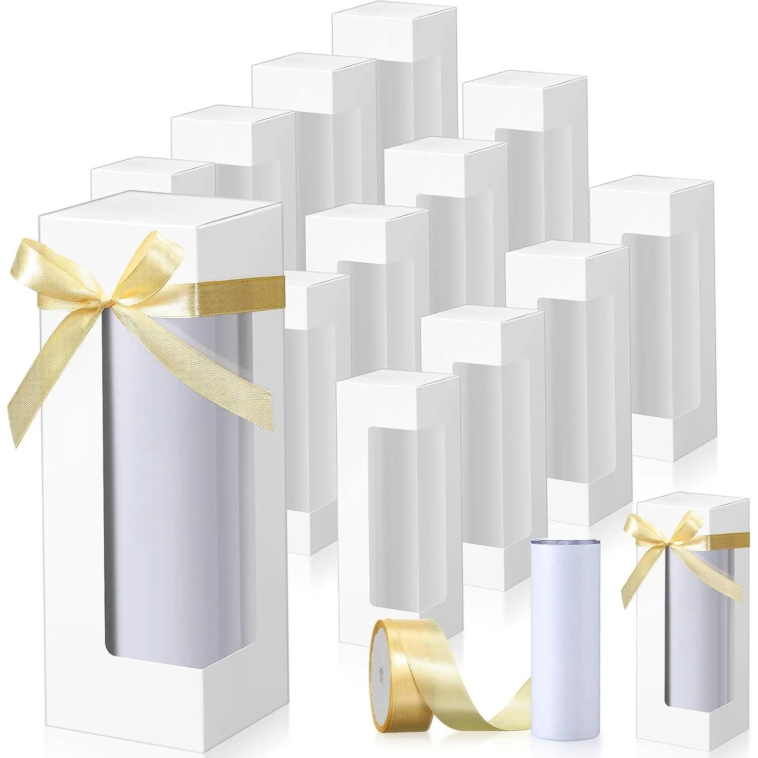 36 count  Boxes with Ribbon for Sublimation Tumbler Transparent Exhibition Boxes 12Oz, 20Oz, 30oz Heat Press Skinny Tumbler  Wrapping(White)