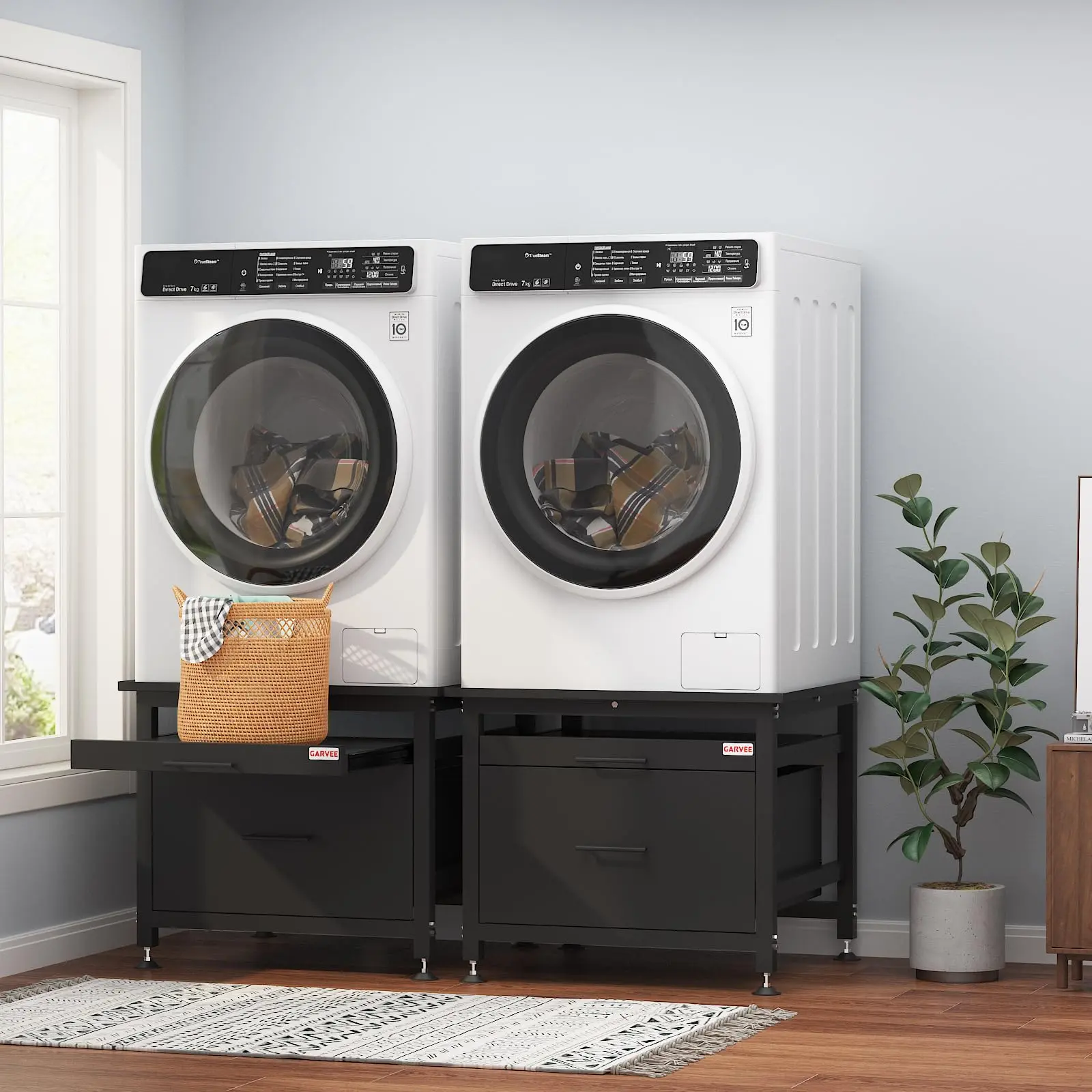 29" Heavy Duty Metal Washer and Dryer Pedestals with Pullout-Shelf and Drawer, Metal Laundry Pedestal, Universal Washing Machine Stand with Adjustable Feet, 850lbs Capacity