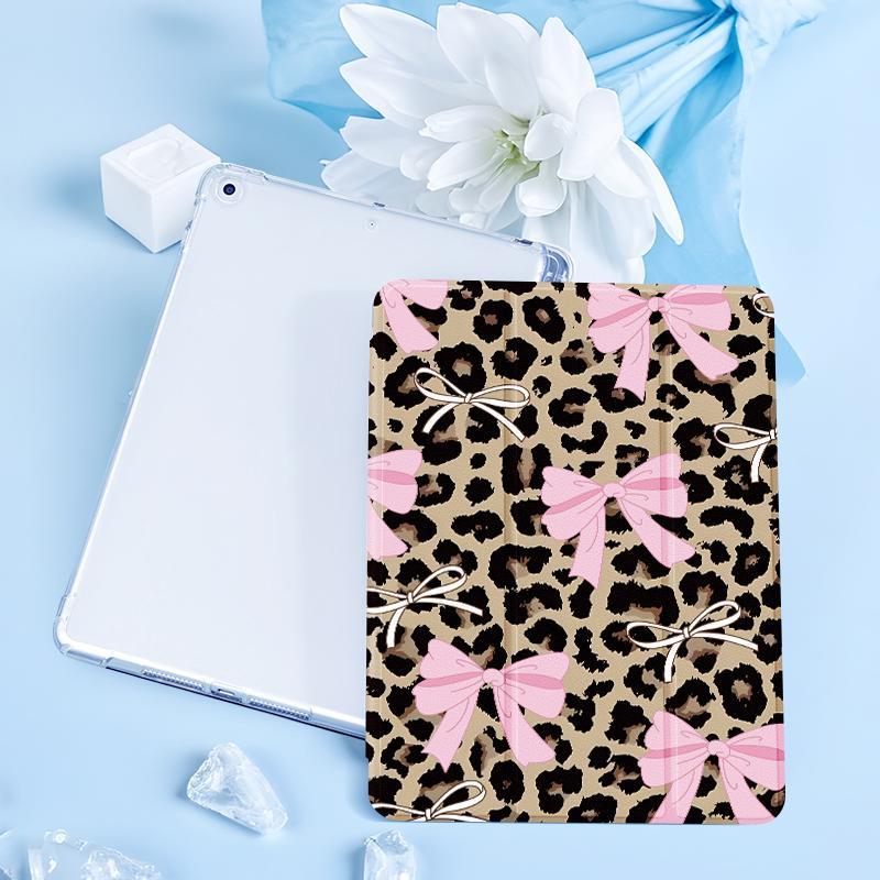 Cute bow and leopard pattern, with adjustable bracket and pen slot, foldable non-slip TPU protective case, suitable for iPad mini, iPad Air, iPad Pro/iPad 10th generation, 11th generation and other series iPad protective cases