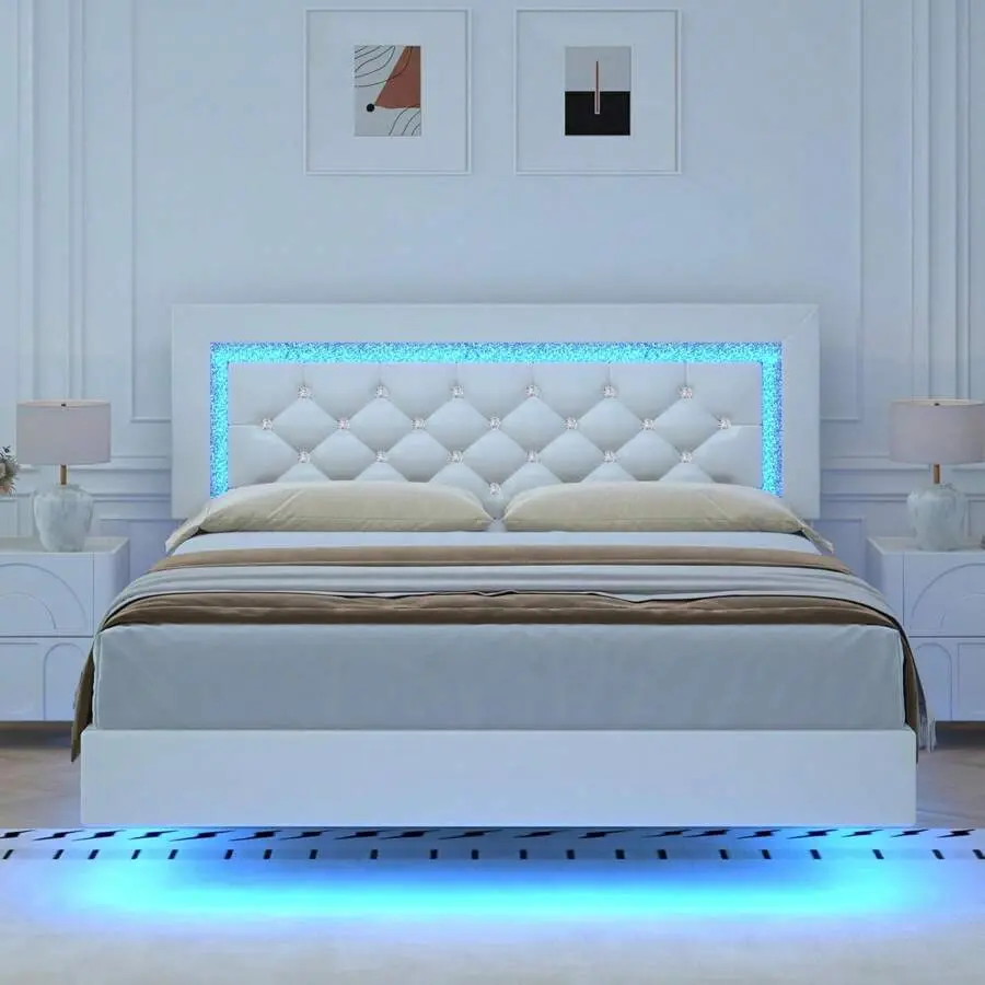 Full/Queen/King LED Upholstered Platform Bed Frame, Diamond Tufted Headboard, Floating Bed Frame with USB LED Strip, Modern Luxury Bed, White/Pink/Black