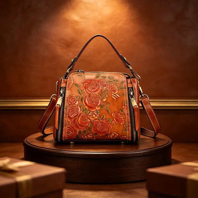 Women's vintage embossed rose leather handbag, vintage floral tool crossbody bag, multi zipper shoulder bag, antique handbag with top handle, suitable for daily travel and shopping
