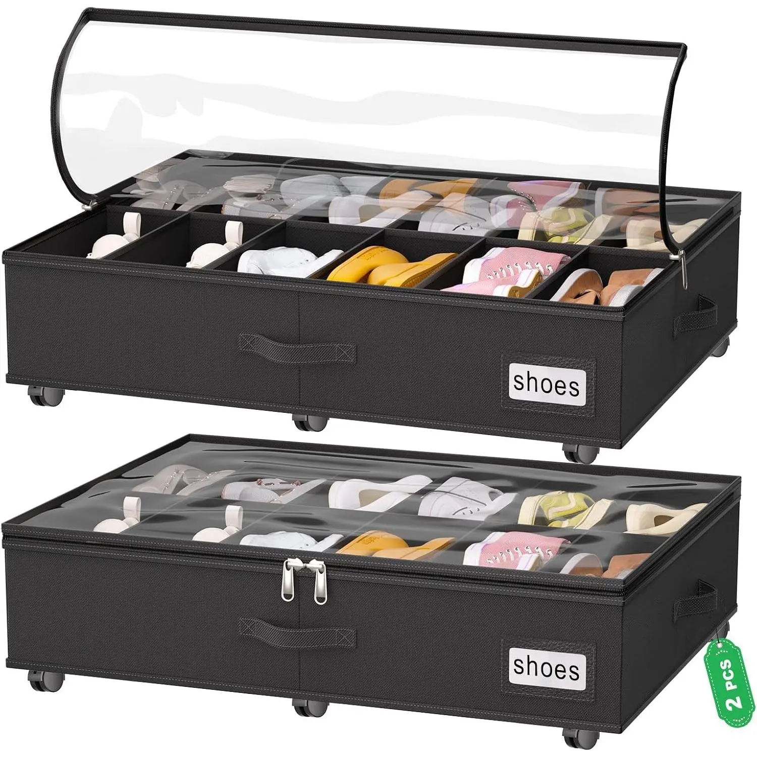 Under Bed Shoe Storage with Wheels, Fits 24 Pairs, Rolling Shoe Organizer with Bottom Support & Clear Lids, Sturdy Under Bed Storage Box for Shoes, Set of 2, Black