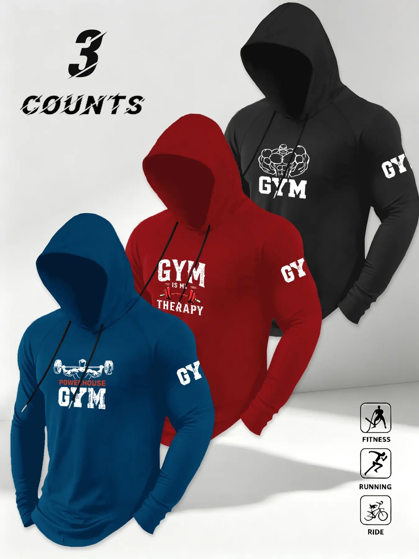 3-Pack Men's Gym Hooded Long Sleeve Tops, American Sporty Style, Dumbbell Print, Stretch Breathable Quick-Dry, Ideal for Fitness Training