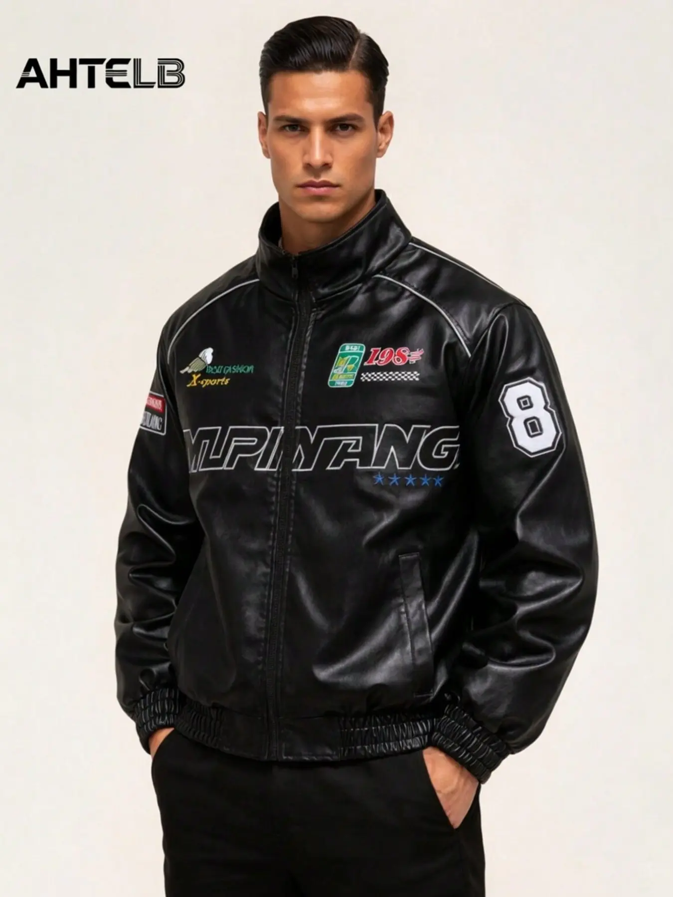 Ahtelb Men's Casual Outdoor Long Sleeve All Season Leather Jacket, Motorcycle Jacket with Stand Collar, Fashionable PU Leather, Perfect for Parties and Riding