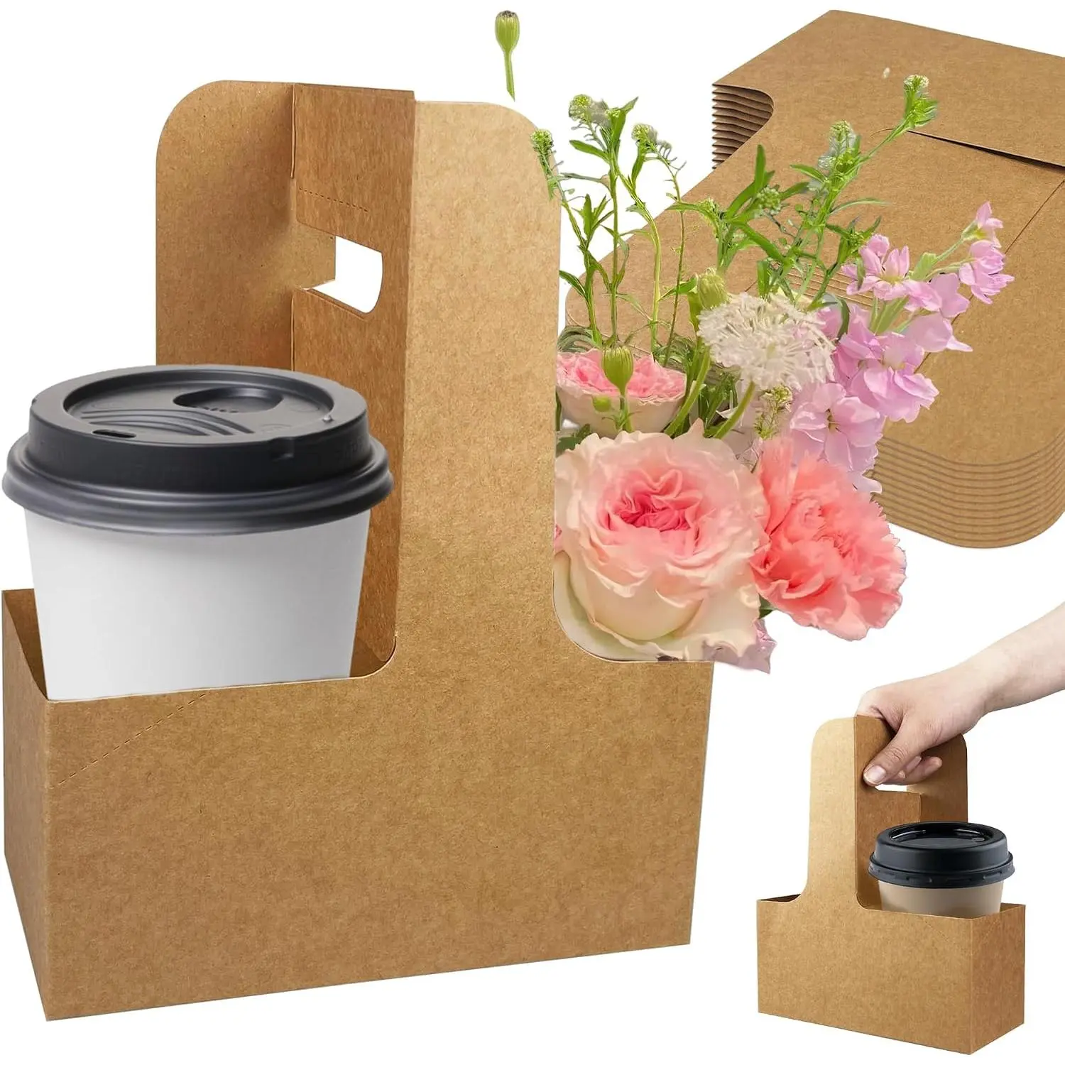 14 count Disposable Beverage Carrier with Handle 2 or 4 Cups Holders  Paper Coffee Cup Holders Can be Folded and Carried Suitable for Hot and Cold Beverage Transportation and Distribution