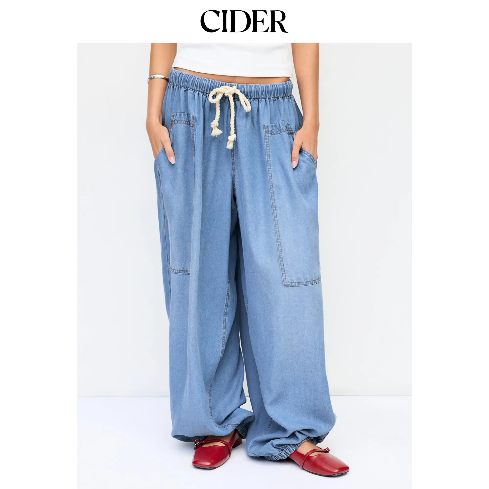 Cider Denim High Rise Washed Drawstring Jogger Oversized Jeans