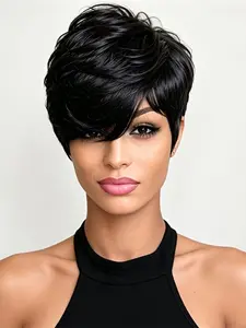 Short Premium Human Hair Wigs for Women Pixie Cut Wig Human Hair Black Short Curly Wigs Human Hair Wigs with Bangs Pixie Cut Wigs Machine Made Wigs