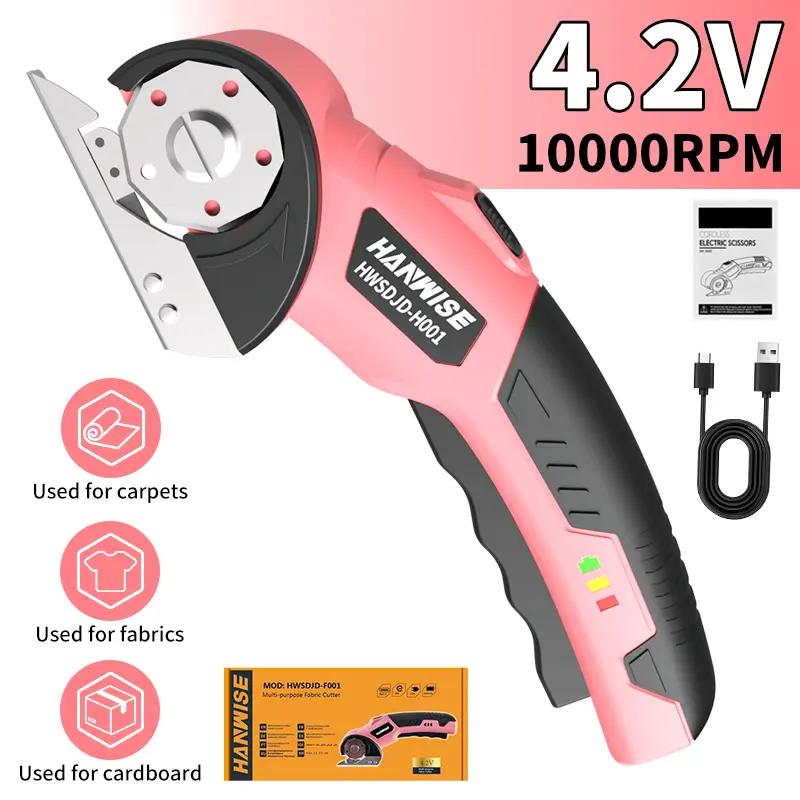 HANWISE Portable 4.2V Cordless Electric Rotary Scissors Tool, 2000mAh Batteries-Cells, Safety Lock, LED Light, Ergonomic Anti-Slip Handle, 10000 RPM, for Leathercrafters