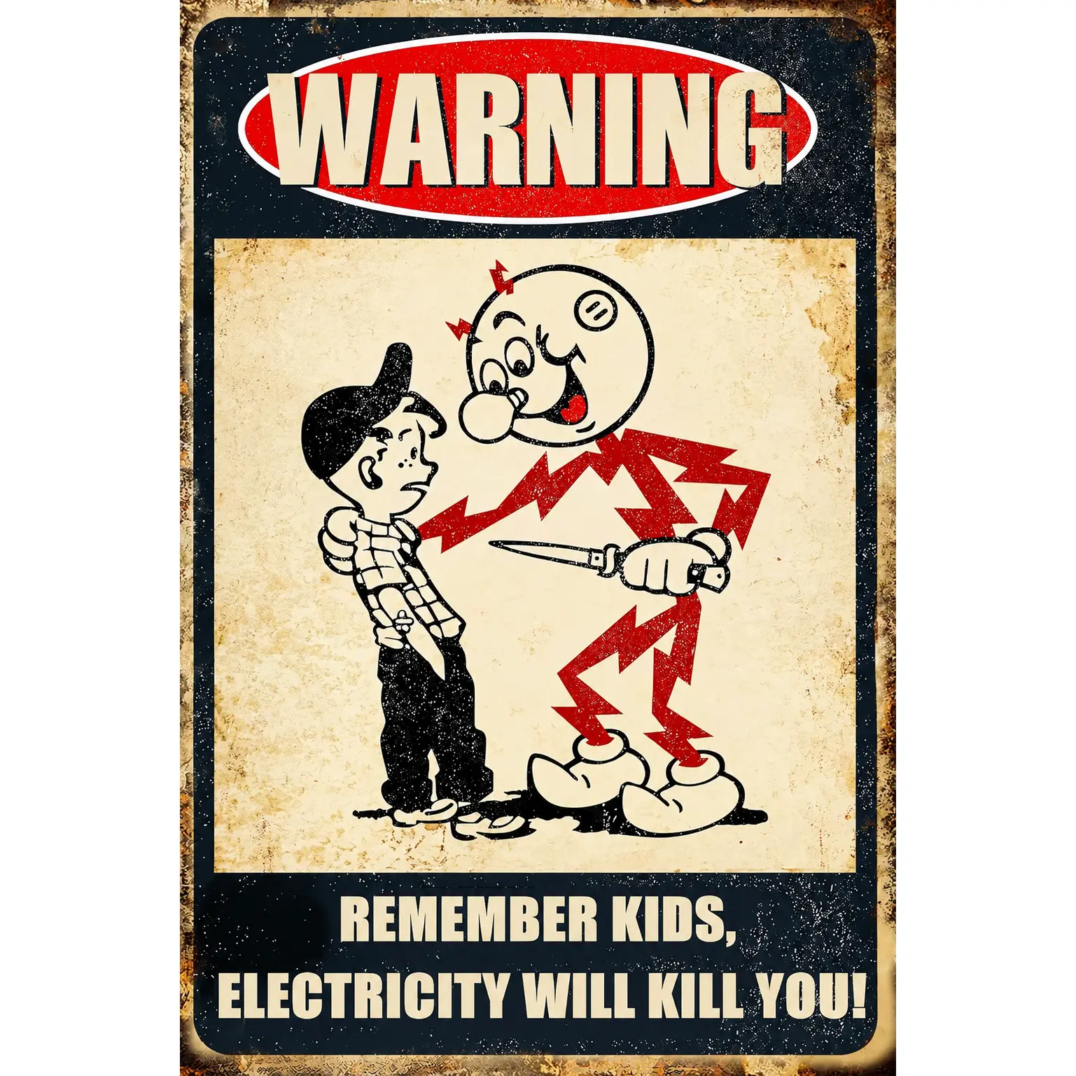 8x12 in Vintage Retro Industrial Metal Tin Safety Alert Sign, Single Electricity Warning Plaque for Home Room Workshop Decor, Gift for Indoor Outdoor Use
