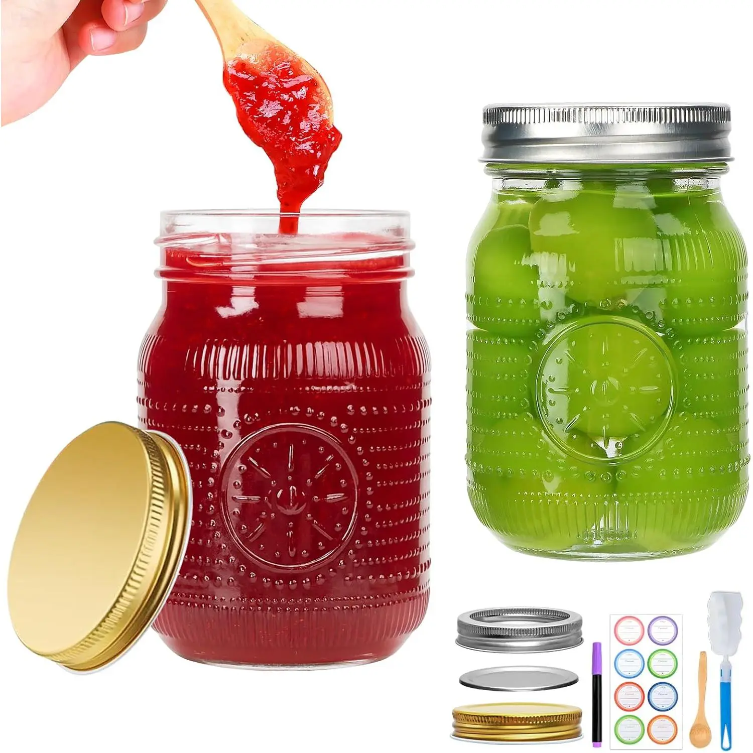 Regular Mouth Mason Jars 16 oz with , Pint Canning Jars with Metal  and Bands for Jelly, Jam, Candy, Pickles, Preserving, Fermenting, DIY Crafts, 2 Pack - Two Types of Lid Included