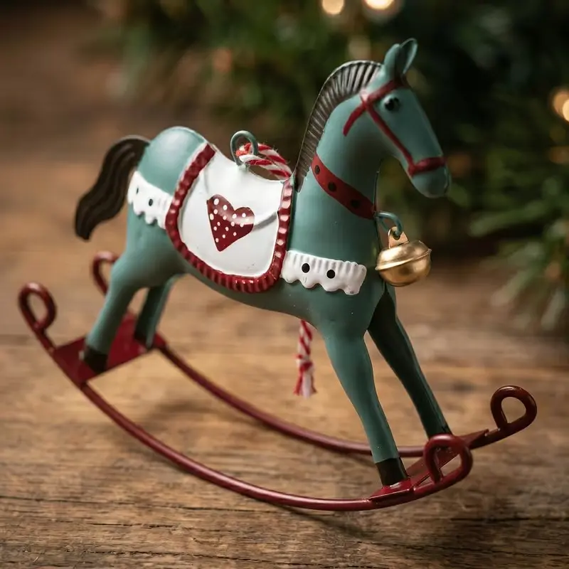 Vintage Tin Rocking Horse Christmas Ornament with Bell, Tree & Kids Room Decor