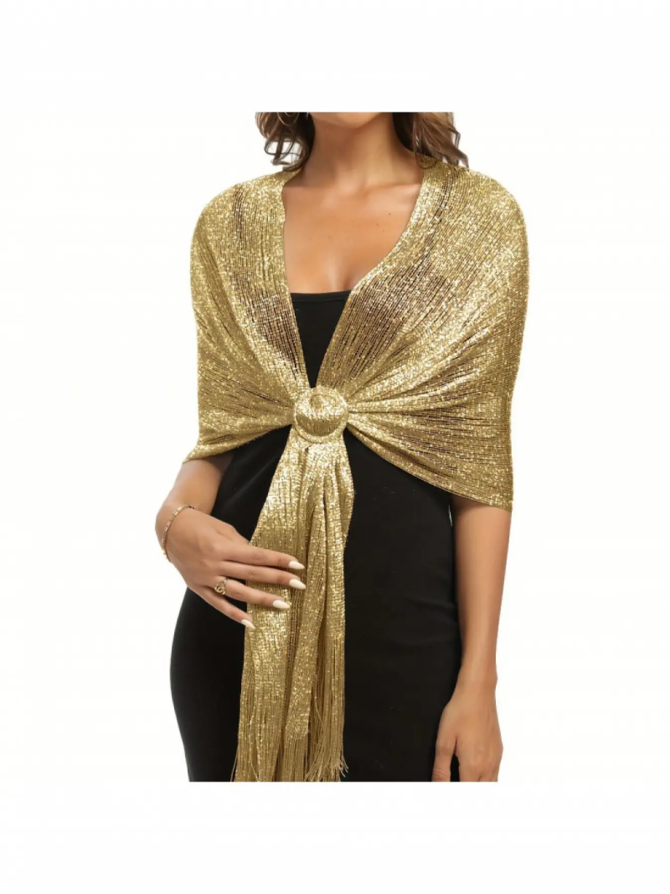 Women Metallic Sequin Fringe Trim Shawl, Bohemian Tassel Scarf Wrap, Lightweight Beach Cover Up Cardigan for Wedding Bridal Dinner Cocktail Party