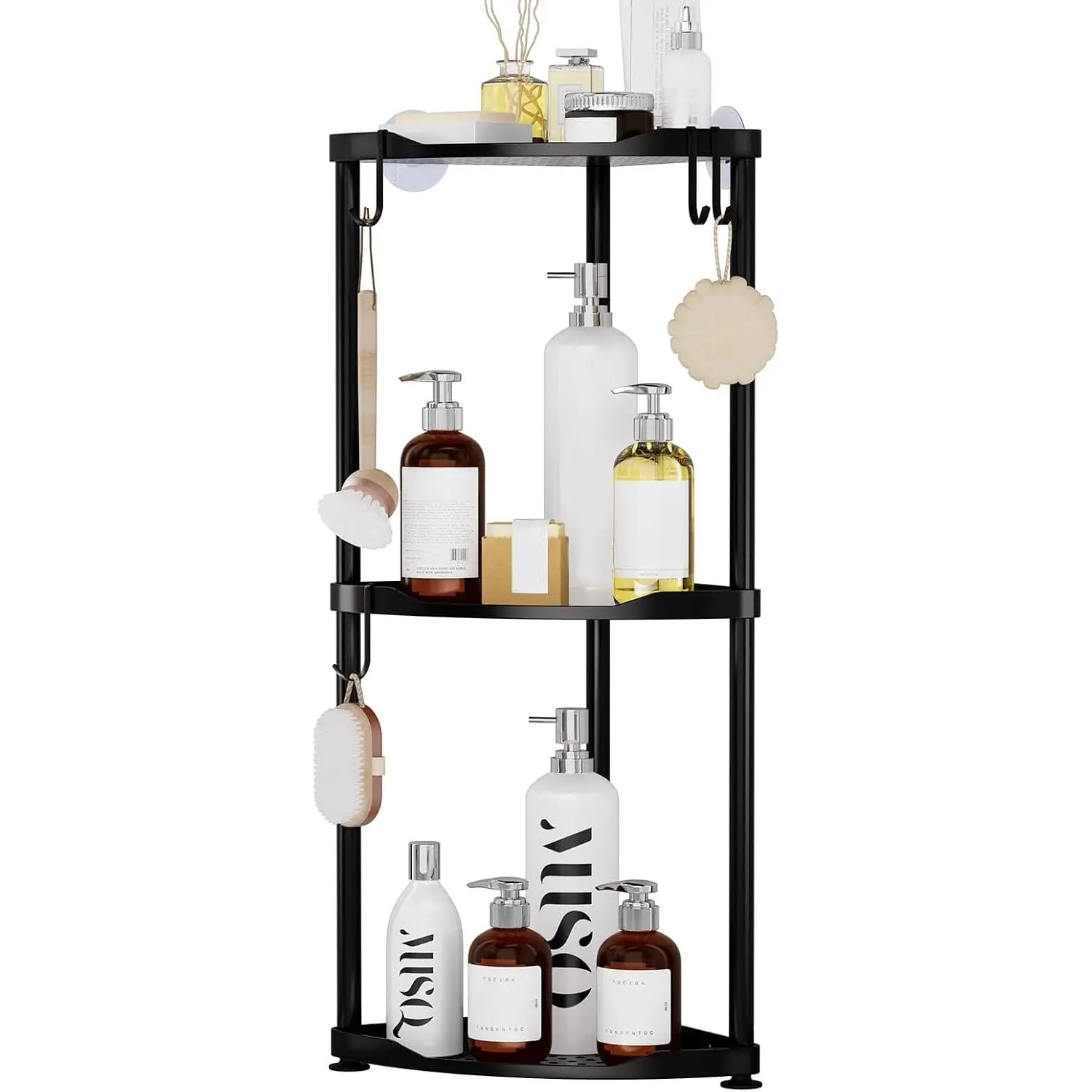 Corner Shower  Standing - 3 Tier Stainless Steel Shower Organizer Stand, Large Capacity Floor Shelf with 4 Hooks, Rustproof Bathroom Storage Rack, Black