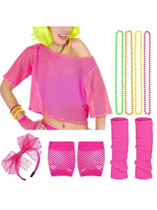 Comfort Casual Festive Celebration Stage Performance Costumes Set 1980s Party Prom Ladies Fishnet Mesh T-Shirt Neon Necklace Lace Headband Accessories Props