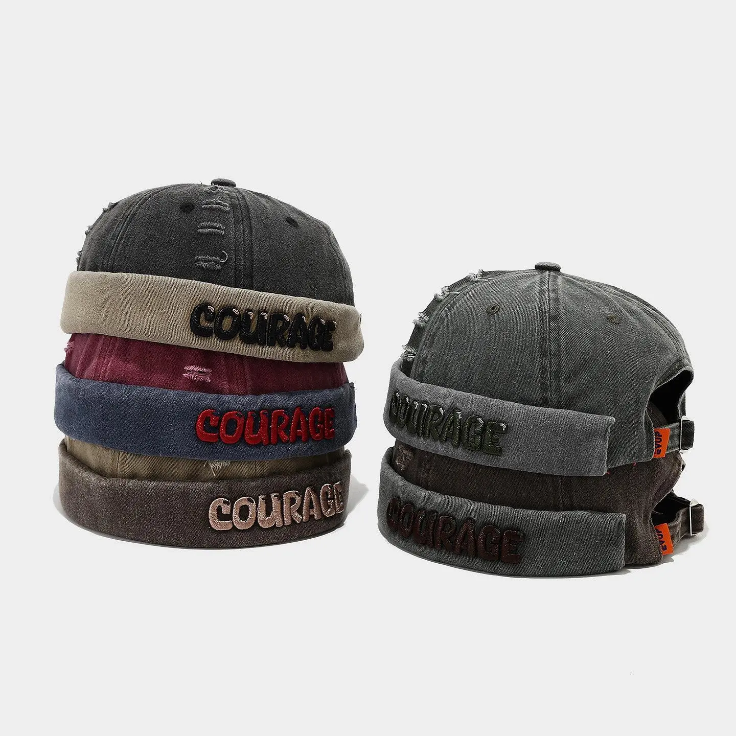 Vintage Distressed Denim Brimless Docker Hat, Y2K Slogan Embroidered Cuff Beanie, Unisex High Street Casual Cap
