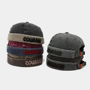 Vintage Distressed Denim Brimless Docker Hat, Y2K Slogan Embroidered Cuff Beanie, Unisex High Street Casual Cap