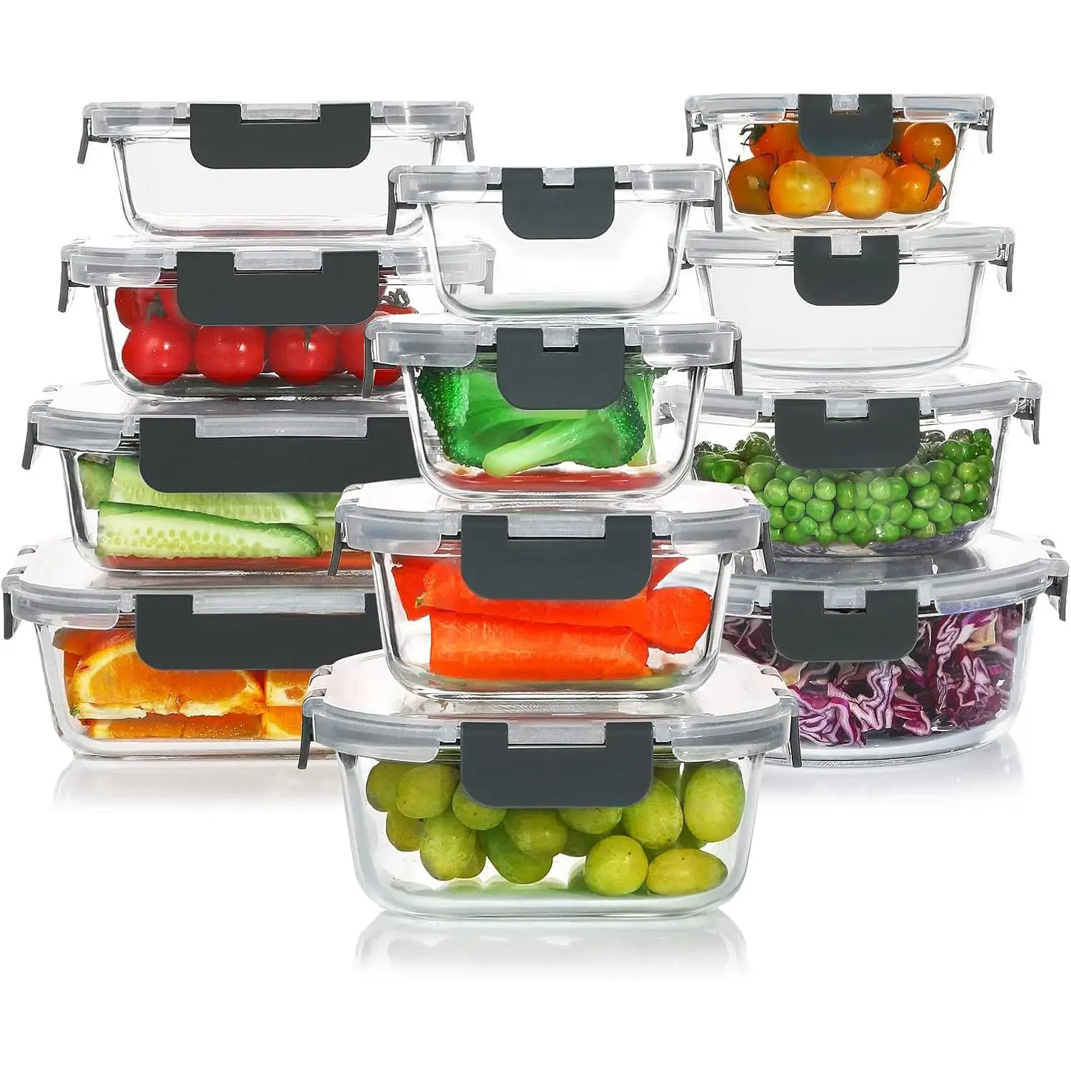24 Pieces Glass Food Storage Containers Set, Meal Prep Containers, BPA-Free Airtight Glass Storage Containers with lids,Freezer, Microwave and Oven Safe,Gray
