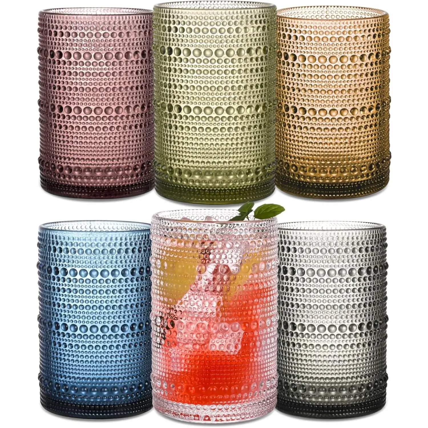 [Summer Wins] Set of 6 Drinking Glasses, 15 oz Vintage Highball Glasses, Drinkware Kitchen Glasses for Cocktail, Iced Coffee, Beer, Ice Tea, Wine, Whiskey, Water