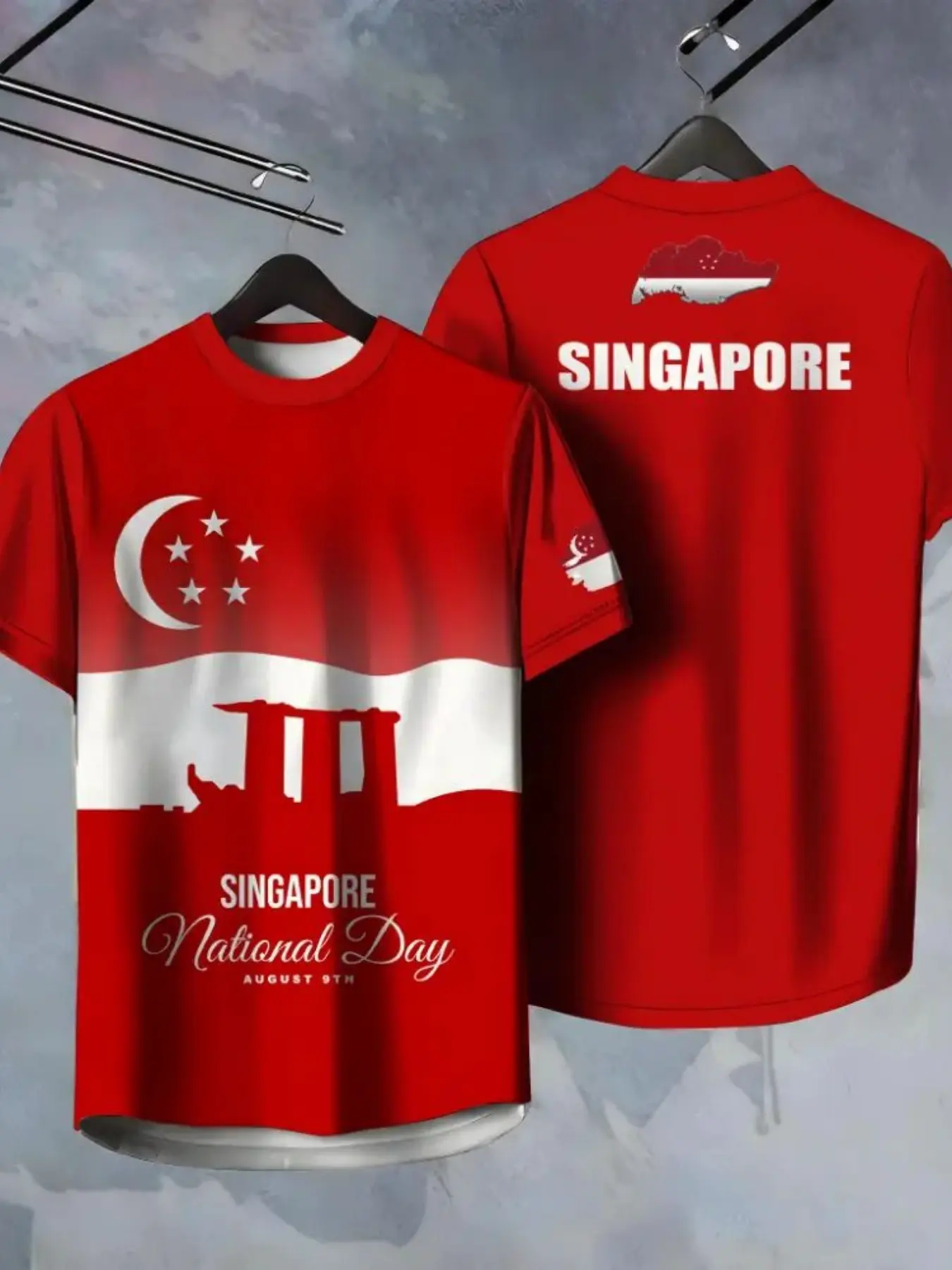 Singapore National Day T-Shirt, Full Sublimation, Breathable, Quick-Dry, Short Sleeve, Casual Long Tee, All Seasons, Print Pattern