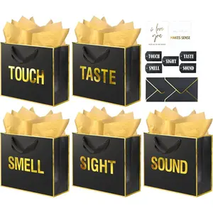 Large Gold Foil 5 Senses Gift Bags For Him Her with Labels Envelopes and Cards, Sight Smell Touch Taste Sound Gift Bags with Tissue Paper For Birthday, Anniversary, Mother'S Day, Valentine'S Day(12x10x4inch)
