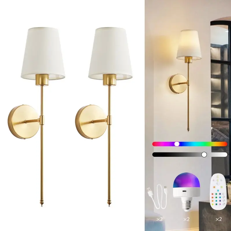 2-Pack Contemporary Wireless Rechargeable RGB Sconces with 15-Color LED, Remote Control, Type-C Cable & Magnetic Mount, Adjustable Indoor Lighting for Bedrooms, Apartments, Interior LED Lights with Fabric Design, 15 Rgb Color Options
