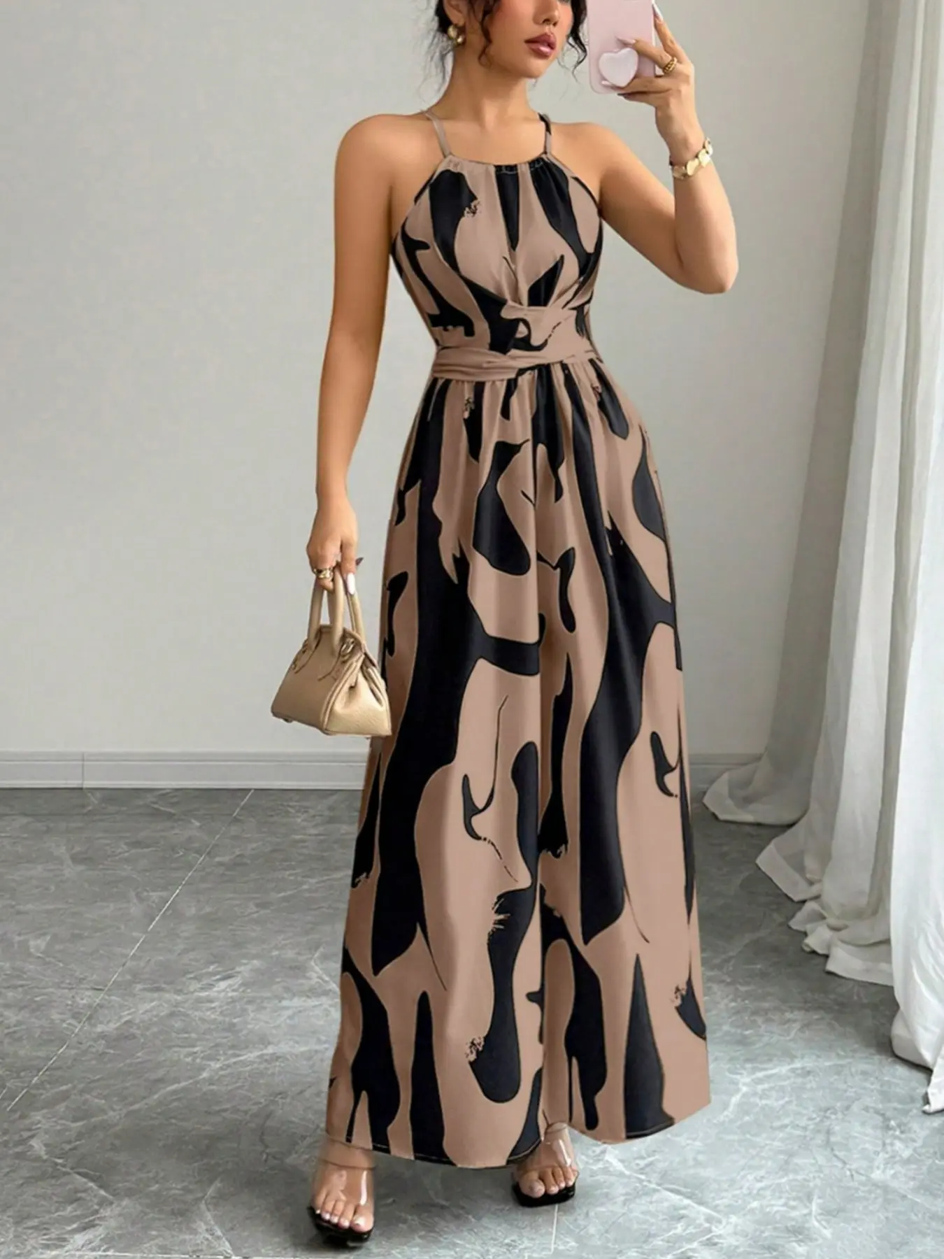 Three-Color Modern Brushstroke Print Halter Adjustable Tie Waist Floor-Length Drape Dress, Hollow Out Ruched Bust Flowy Long Dress, Perfect for Beach Parties, Cocktail and Evening Dates
