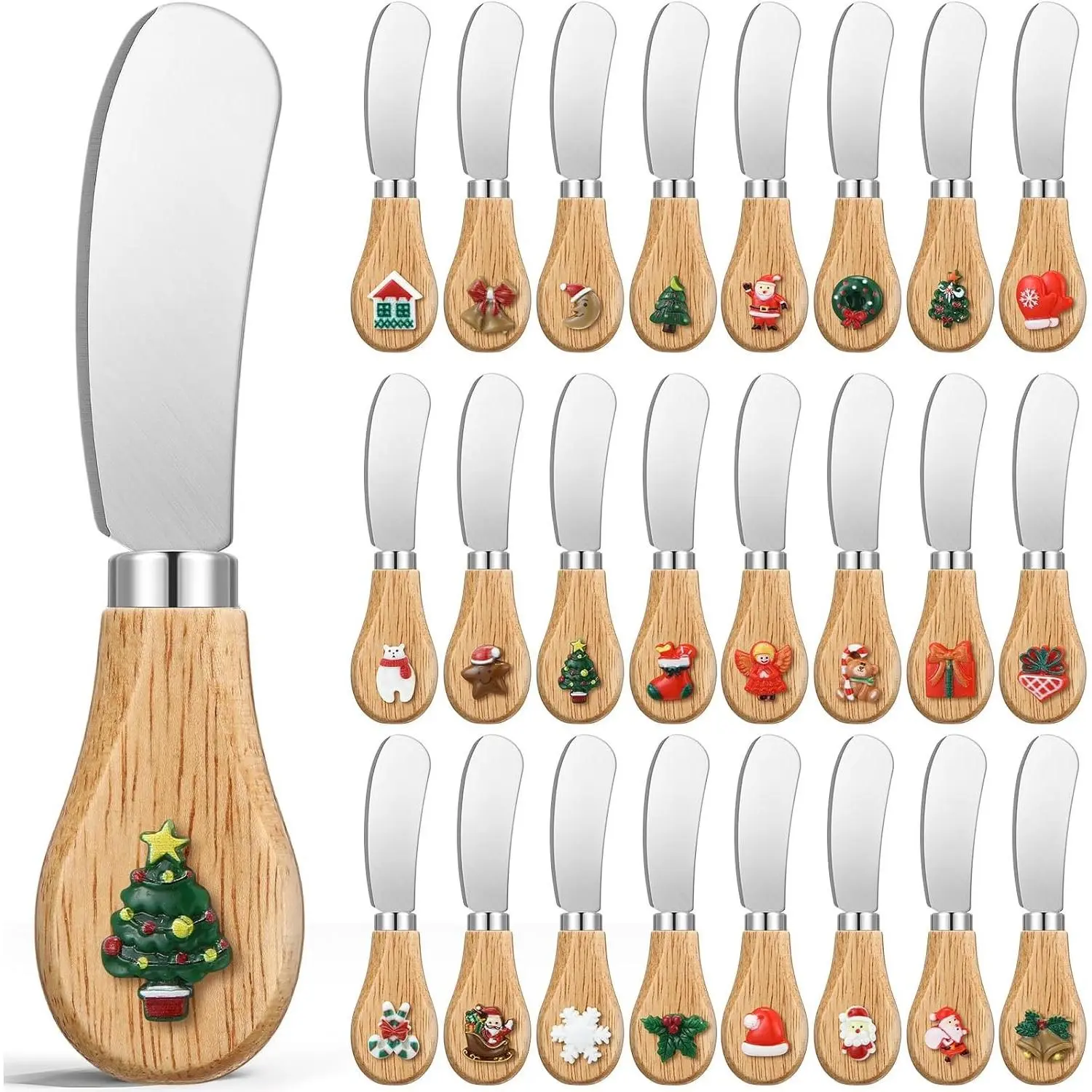 24 Piece Christmas Cheese Spreader 4.8'' Stainless Steel Butter Spreader Mini Butter Knife with Wooden Handle for Christmas Spreading Cream Cheese and Jam(Green, Red, White)