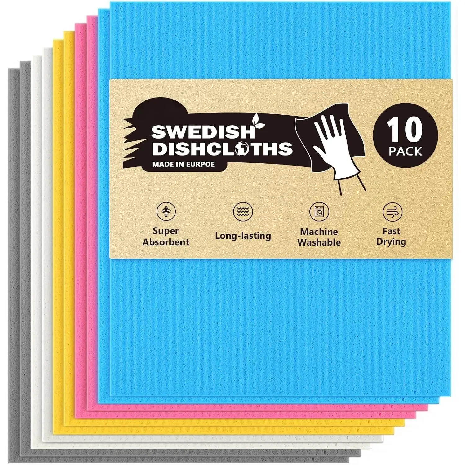 Swedish Dishcloths for Kitchen-10PK,  Paper Towels 7" x 6" | Absorbent Sponge Dish Cloth, Dish Rags for Washing Dishes, Swedish Dish Towels for , Kitchen, Glasses Wipes